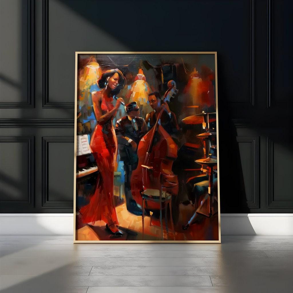 Jazz Club Serenade: Woman in Red Dress with Band Art | Soulful & Vibrant Music Decor