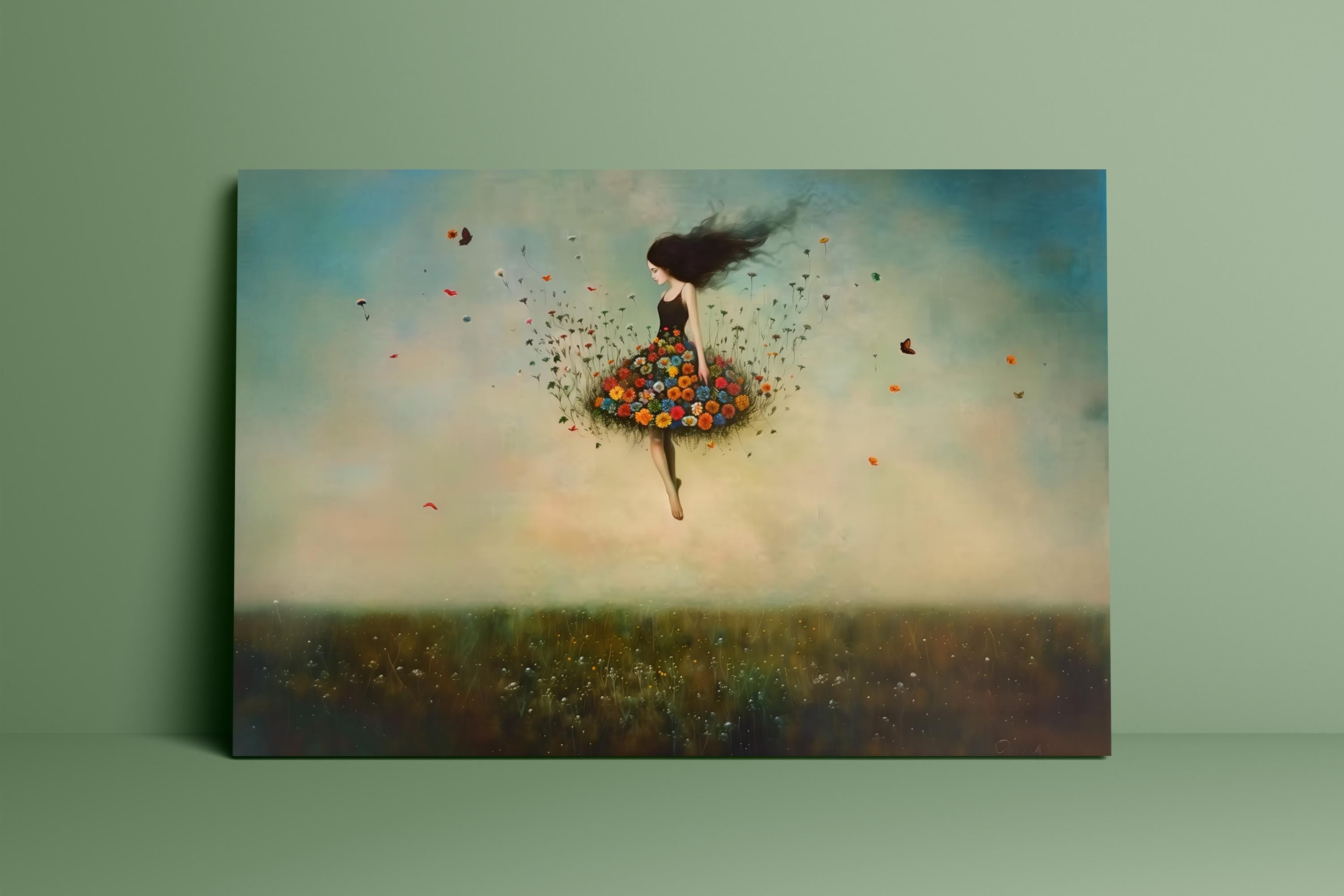 The Ascension: Surreal Woman Floating in a Vortex of Flowers | Fantastical & Ethereal Wall Art