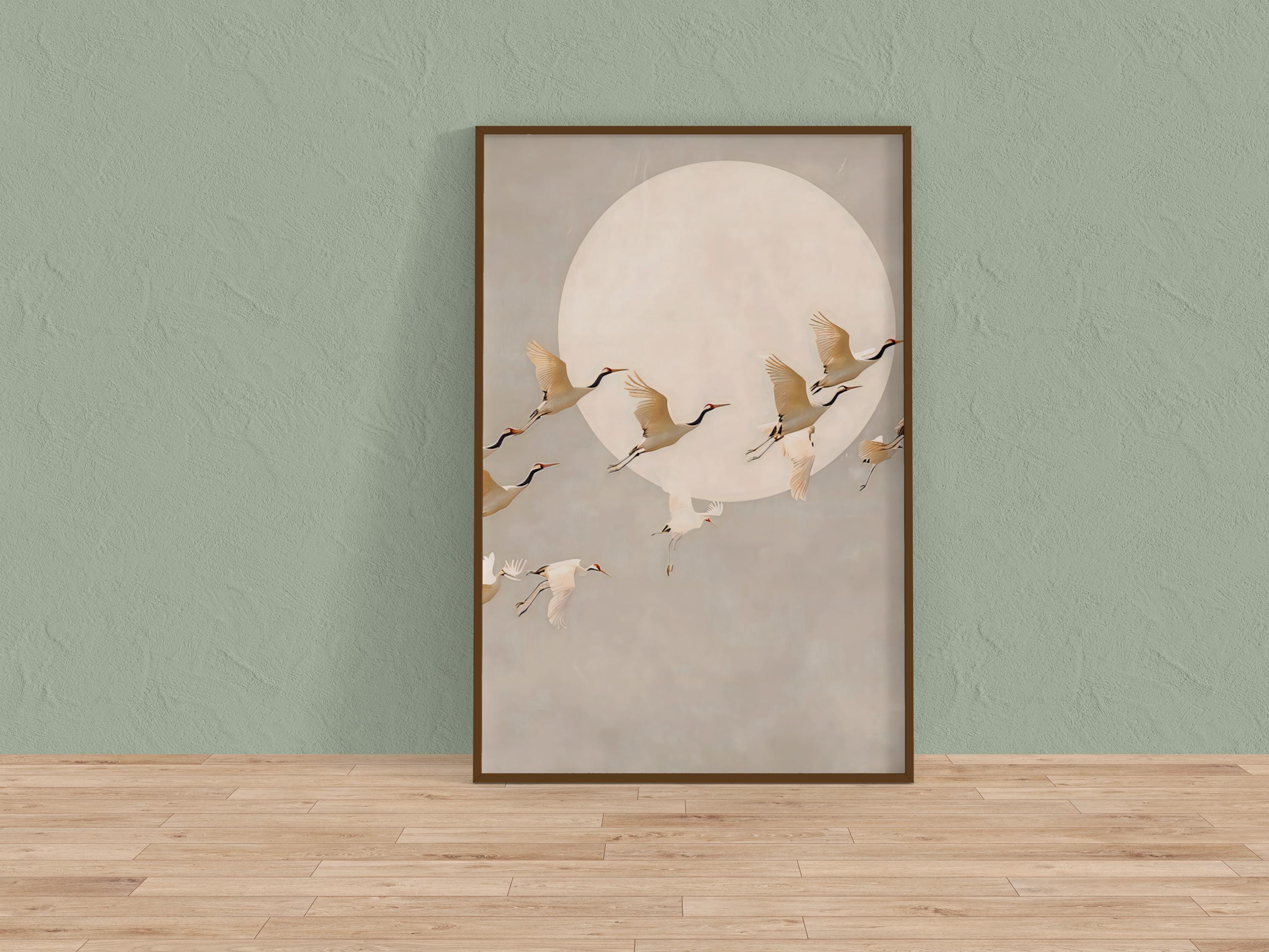Moonlit Cranes: Serene Japanese Inspired Art | Ethereal Crane & Moon Wall Decor