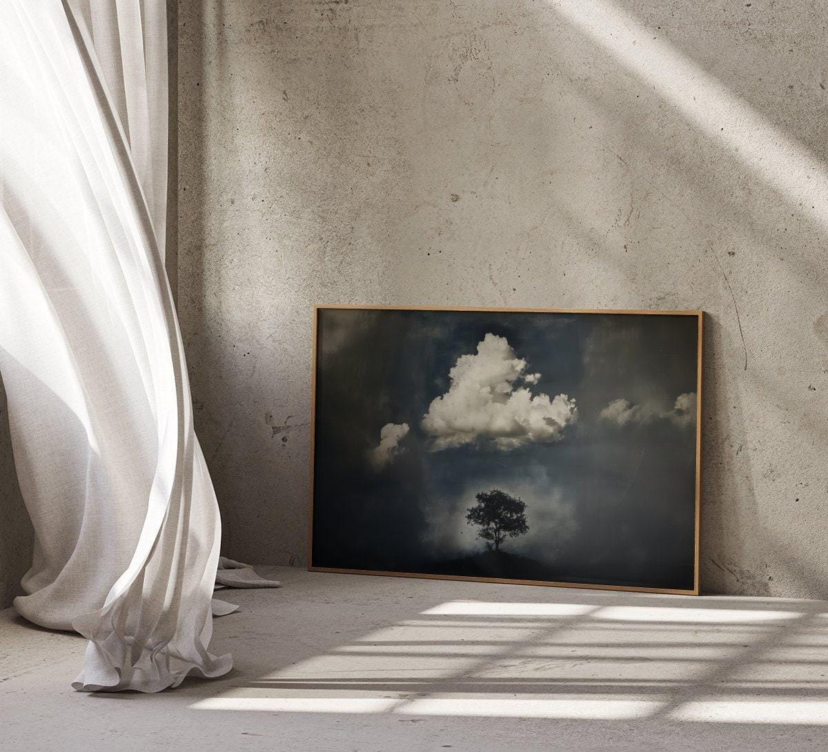 The Watcher Wall Art: Moody Tree and Cloud Scene, Vintage Style