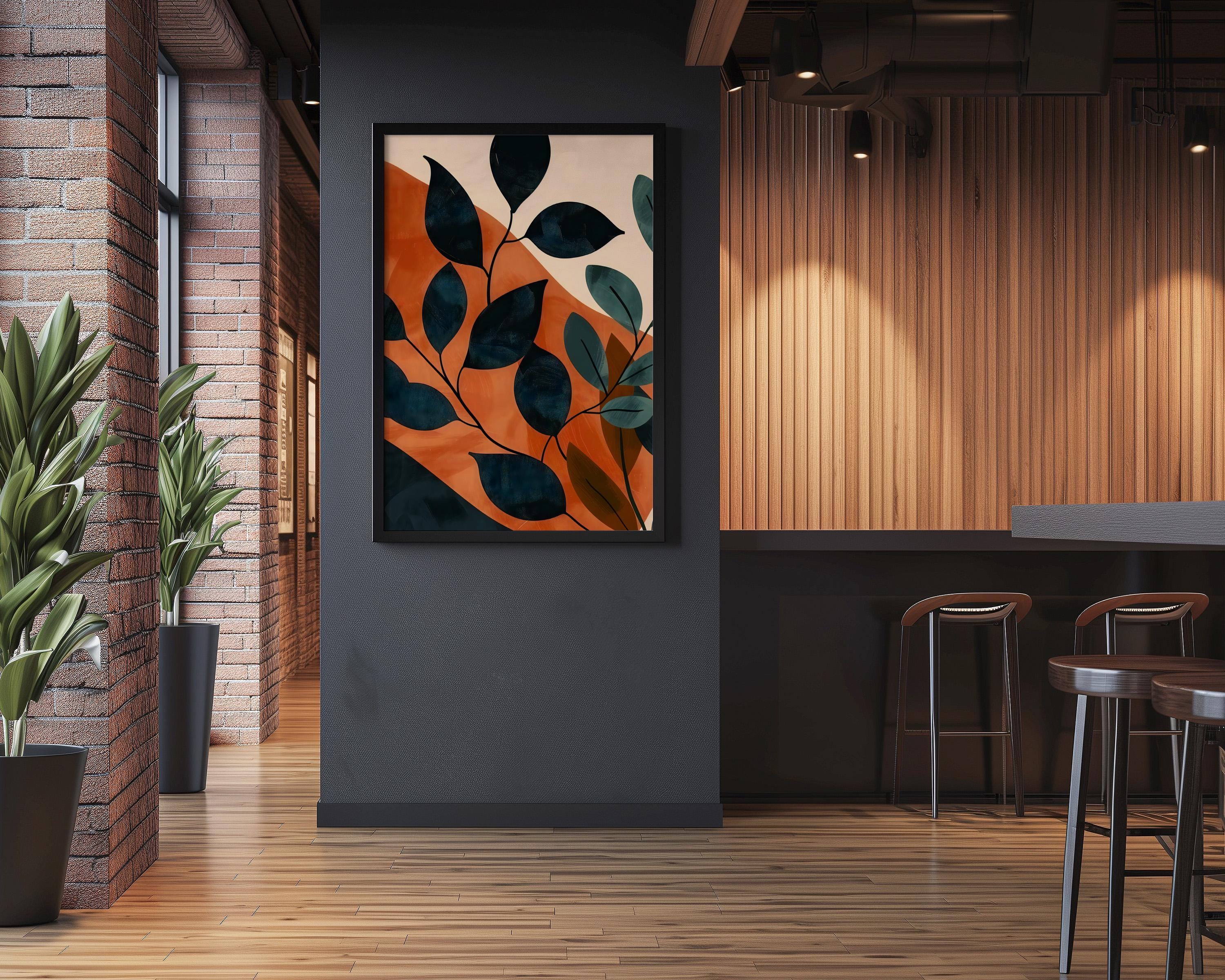 Sunset Leaves: Modern Botanical Abstract Art | Warm Orange & Green Wall Decor