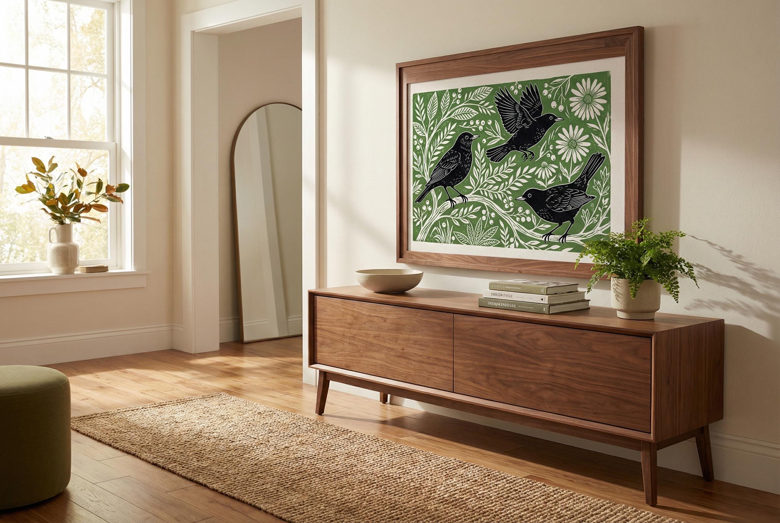 Black Birds Wall Art Print: Green Minimalist Home Decor