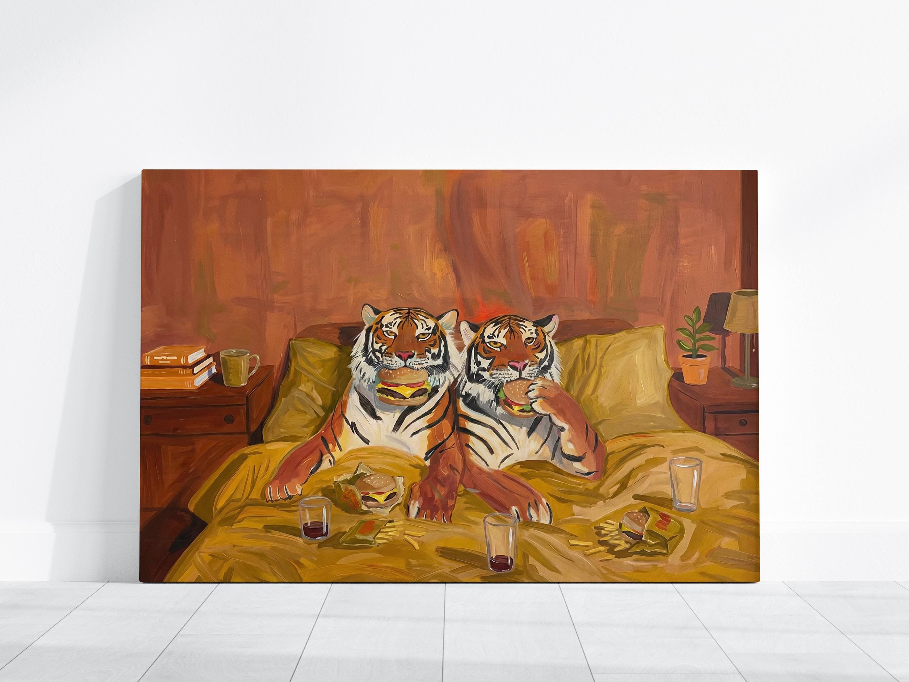 Quirky Tiger Canvas, Burgers and Fries, Warm Tones (Bedroom or Dorm)