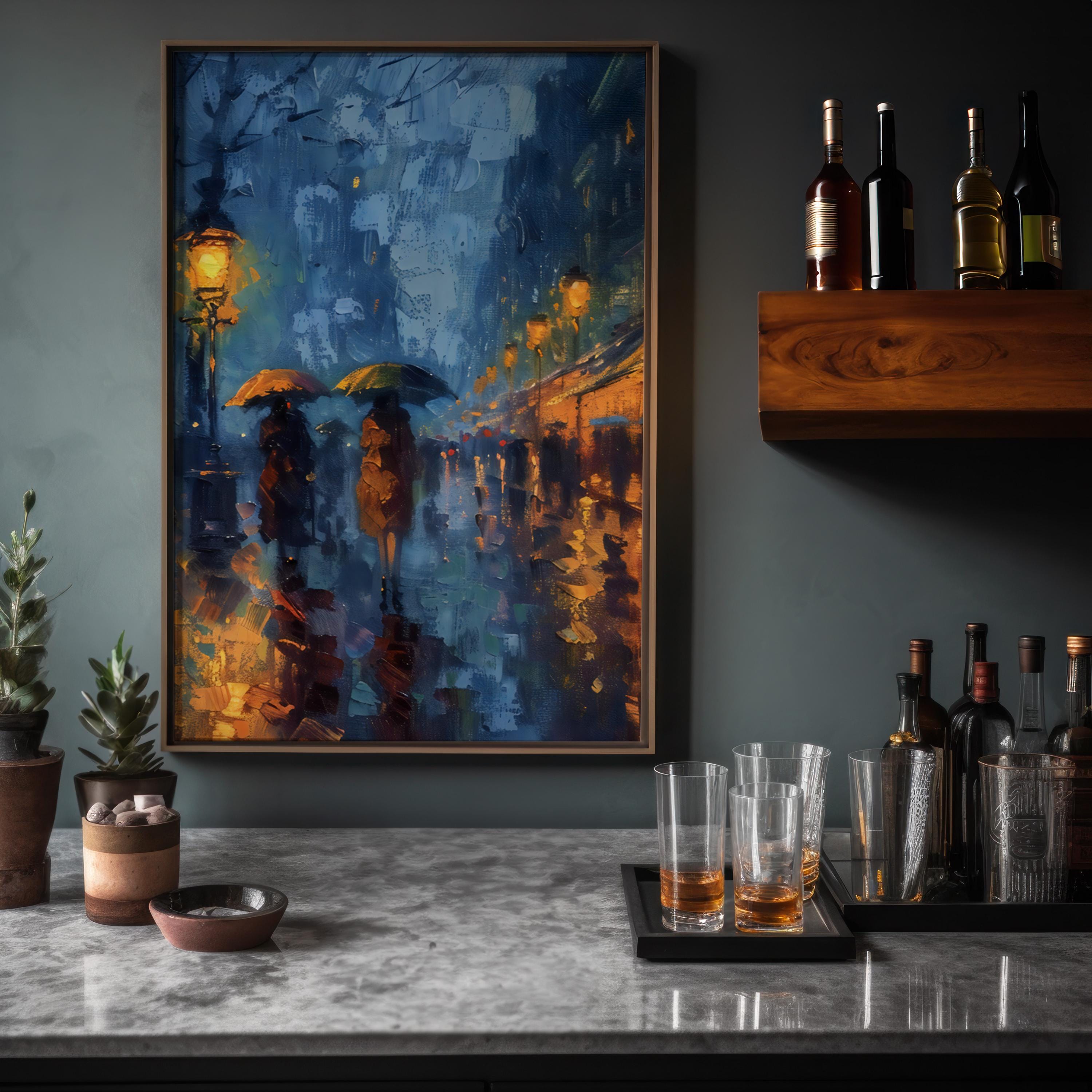 The Golden Street: Impressionist Rainy City Night with Umbrellas | Moody & Romantic Wall Art