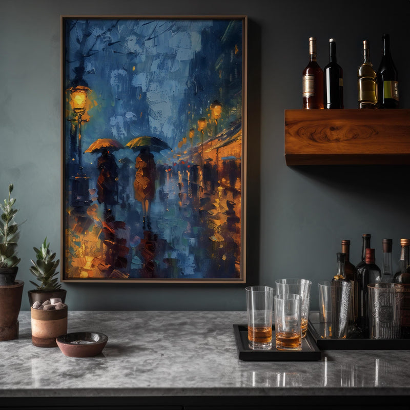 Impressionist Rainy City Night – Golden Street Umbrellas | Moody Urban Romance Wall Art