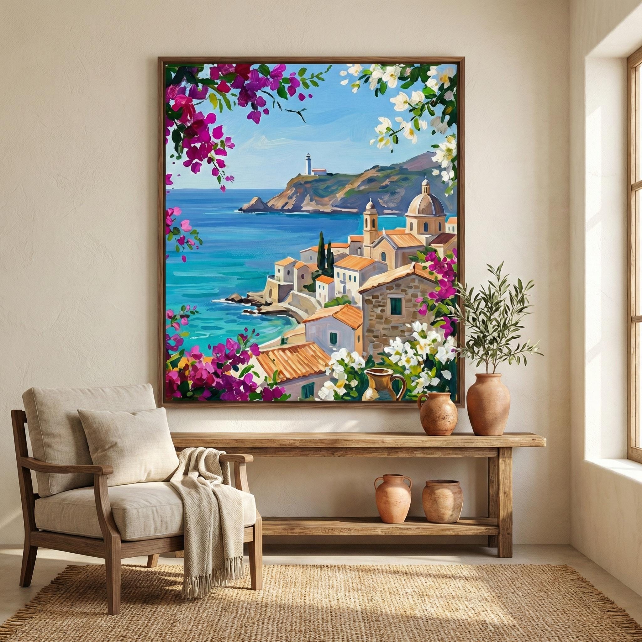 Mediterranean Coastal Art: Blue Shutters and Sea View (Canvas or Paper)