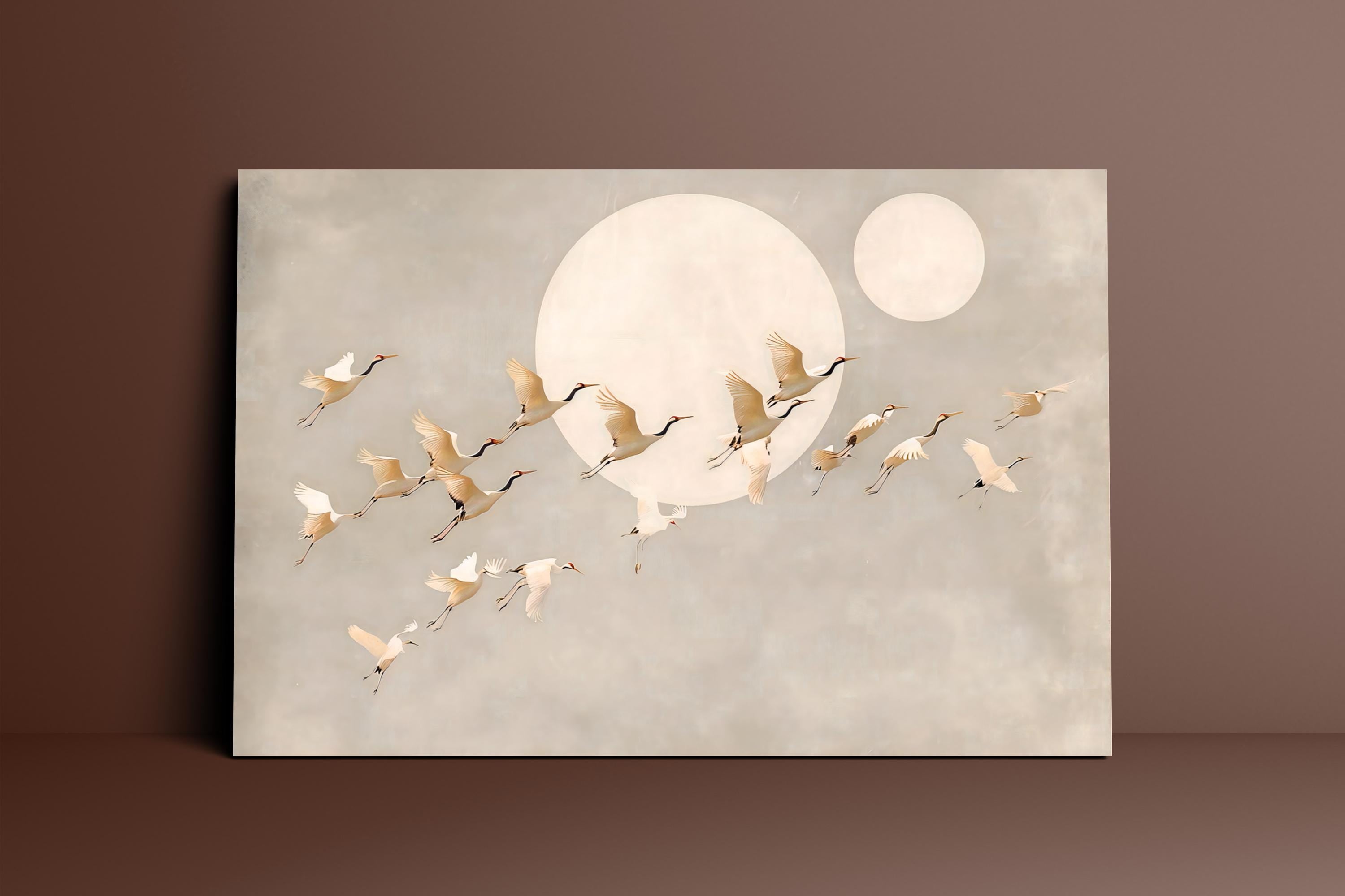 Moonlit Cranes: Serene Japanese Inspired Art | Ethereal Crane & Moon Wall Decor