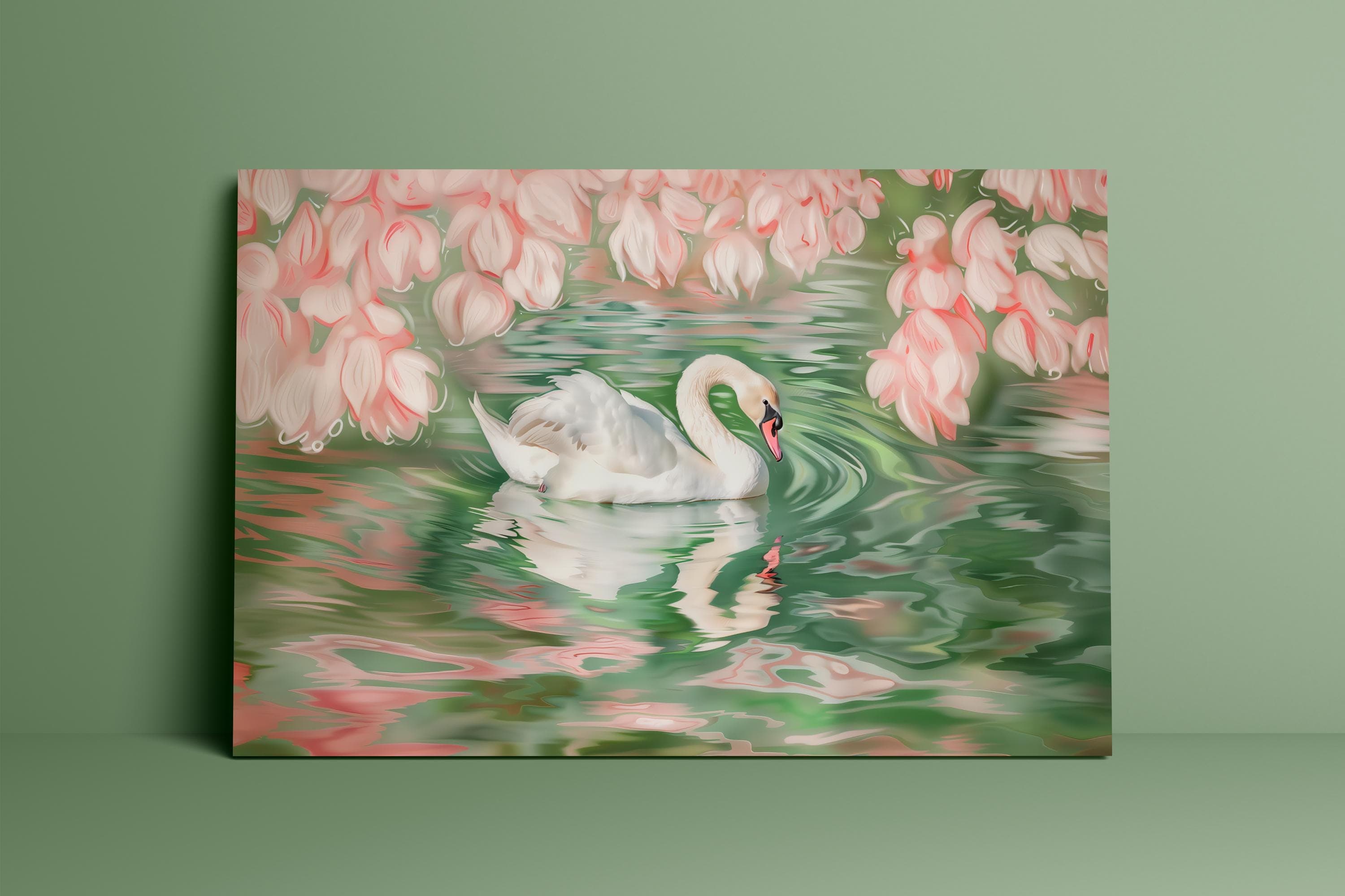 Swan Wall Art: Soft Pink Green Illustration - Calm Nature Scene