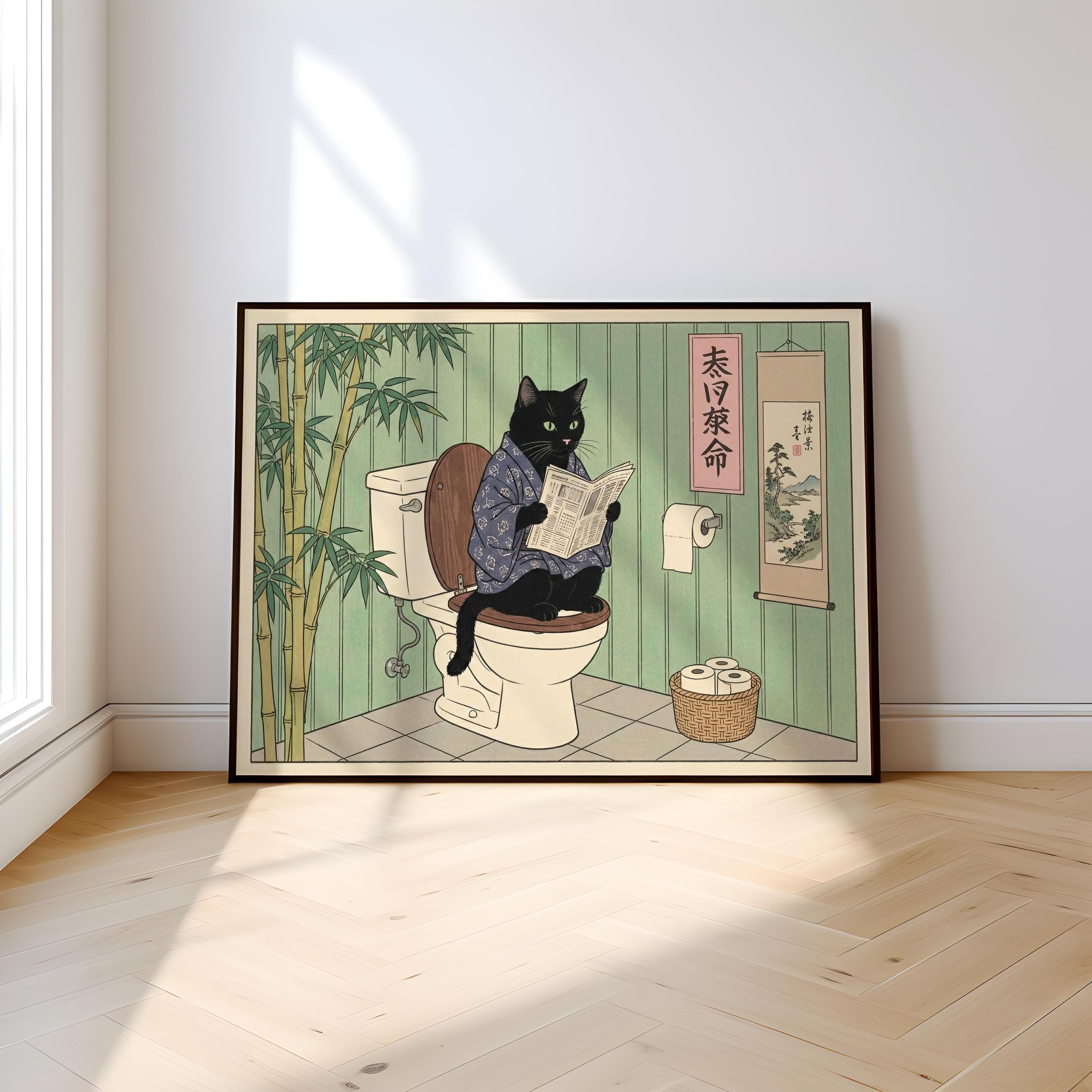 Japanese Style Black Cat Print, Toilet Humor (Canvas or Paper)
