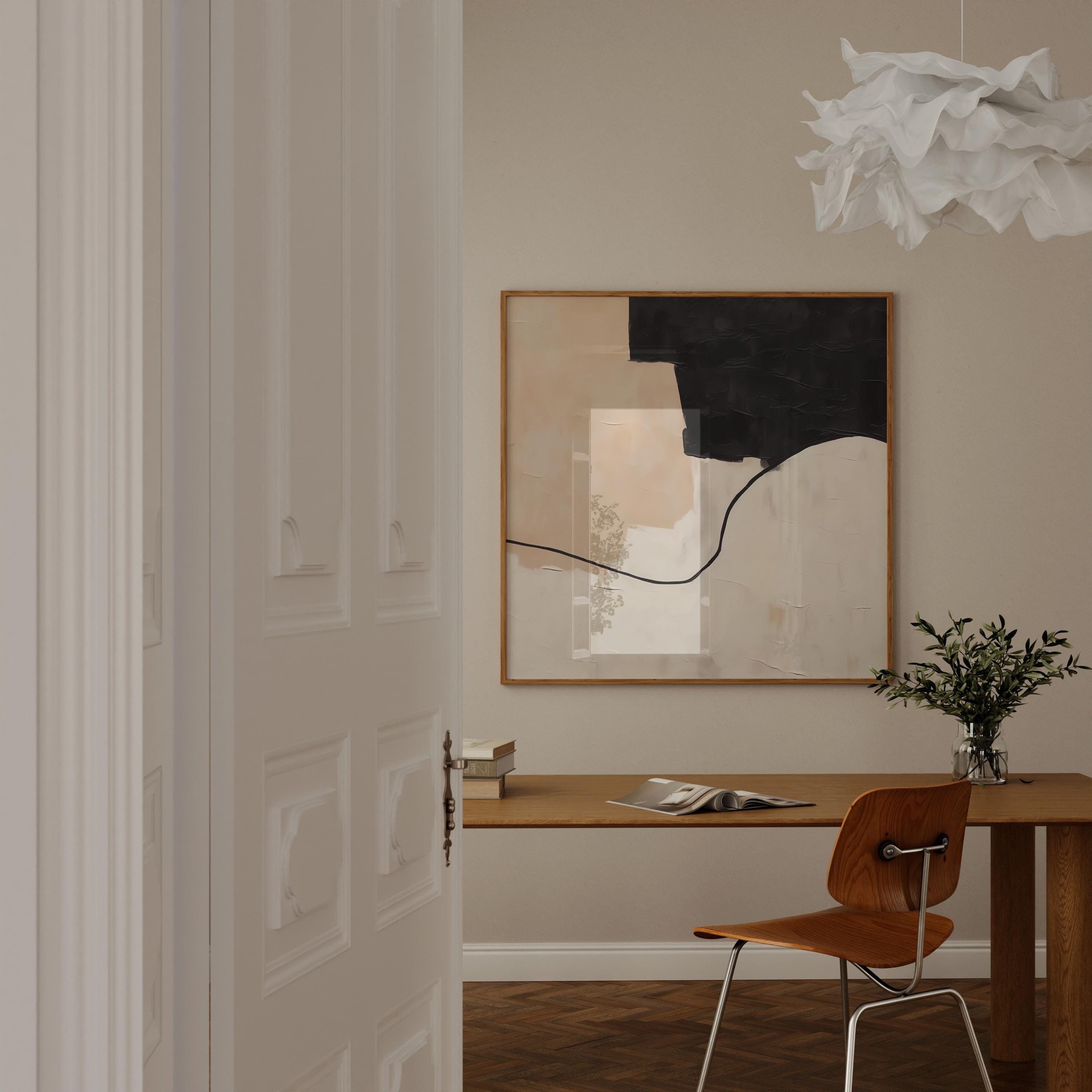 Modern Minimalist Abstract Art | Beige and Black Framed Print for Elegant Interiors