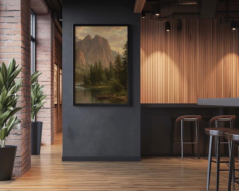 Vintage Mountain Lake Art: Rustic Cabin Landscape in Warm Earth Tones