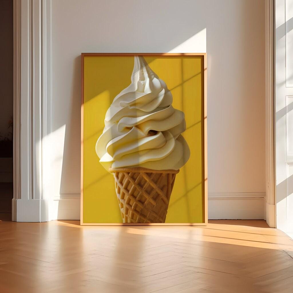 Summer Bliss: Minimalist Soft-Serve Ice Cream Cone Art | Vibrant Yellow Pop Art Print