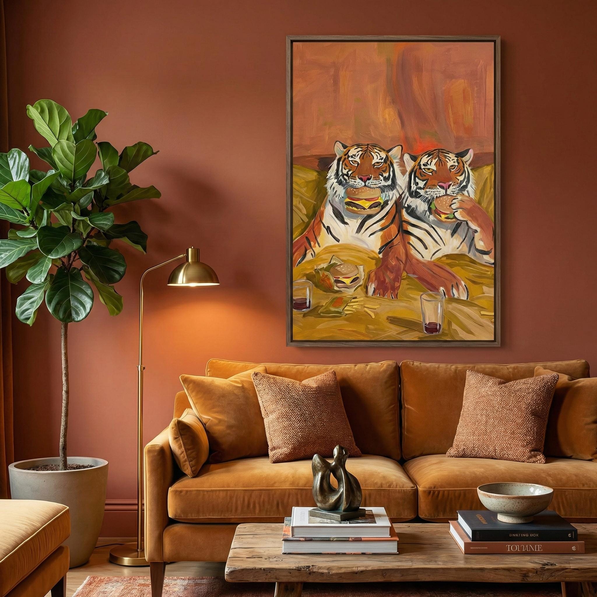 Quirky Tiger Canvas, Burgers and Fries, Warm Tones (Bedroom or Dorm)