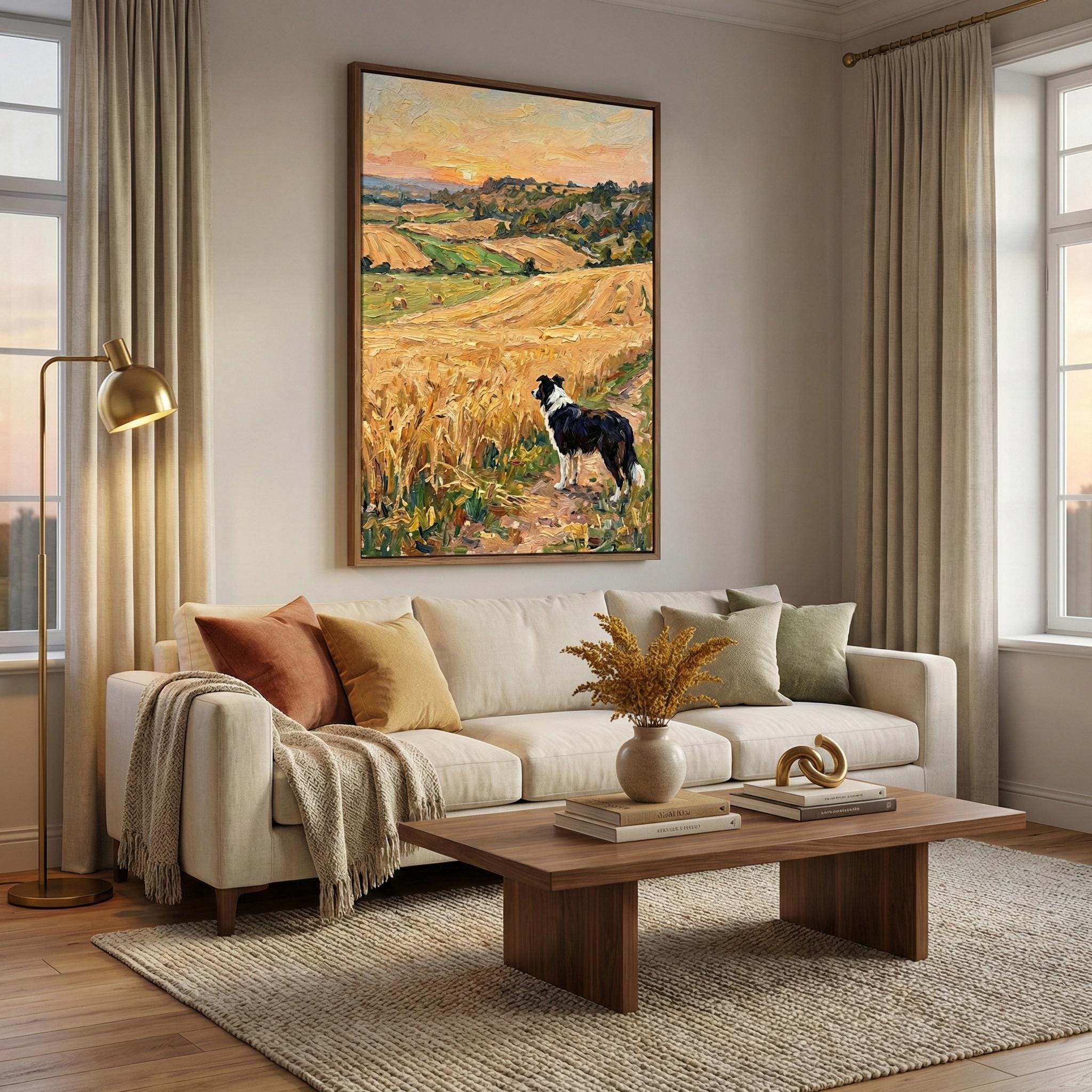 Rustic Border Collie Wall Art - Golden Wheat Field Scene