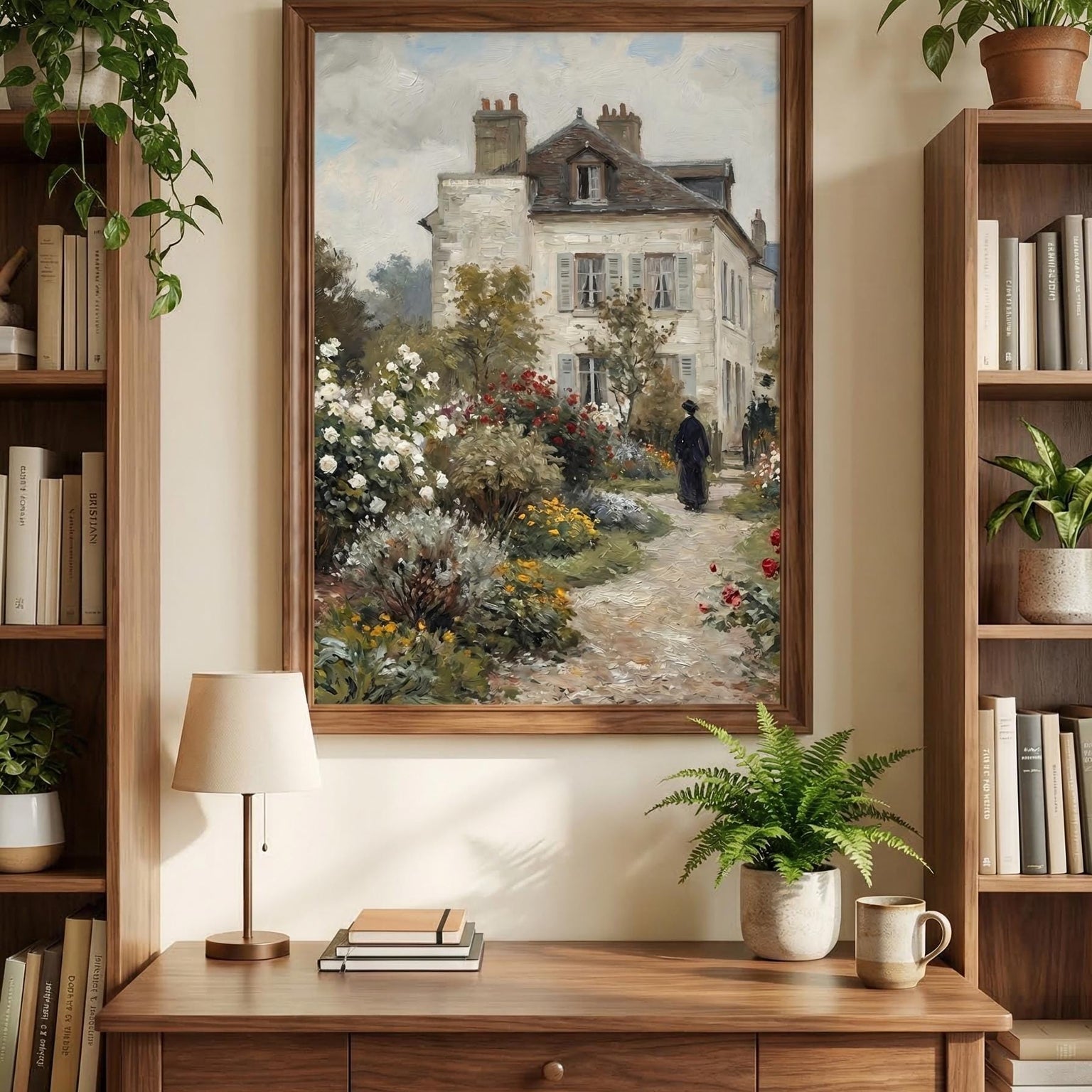 Vintage Rose Garden Painting French Country House Art Impressionist Cottage Landscape Print Wall Art