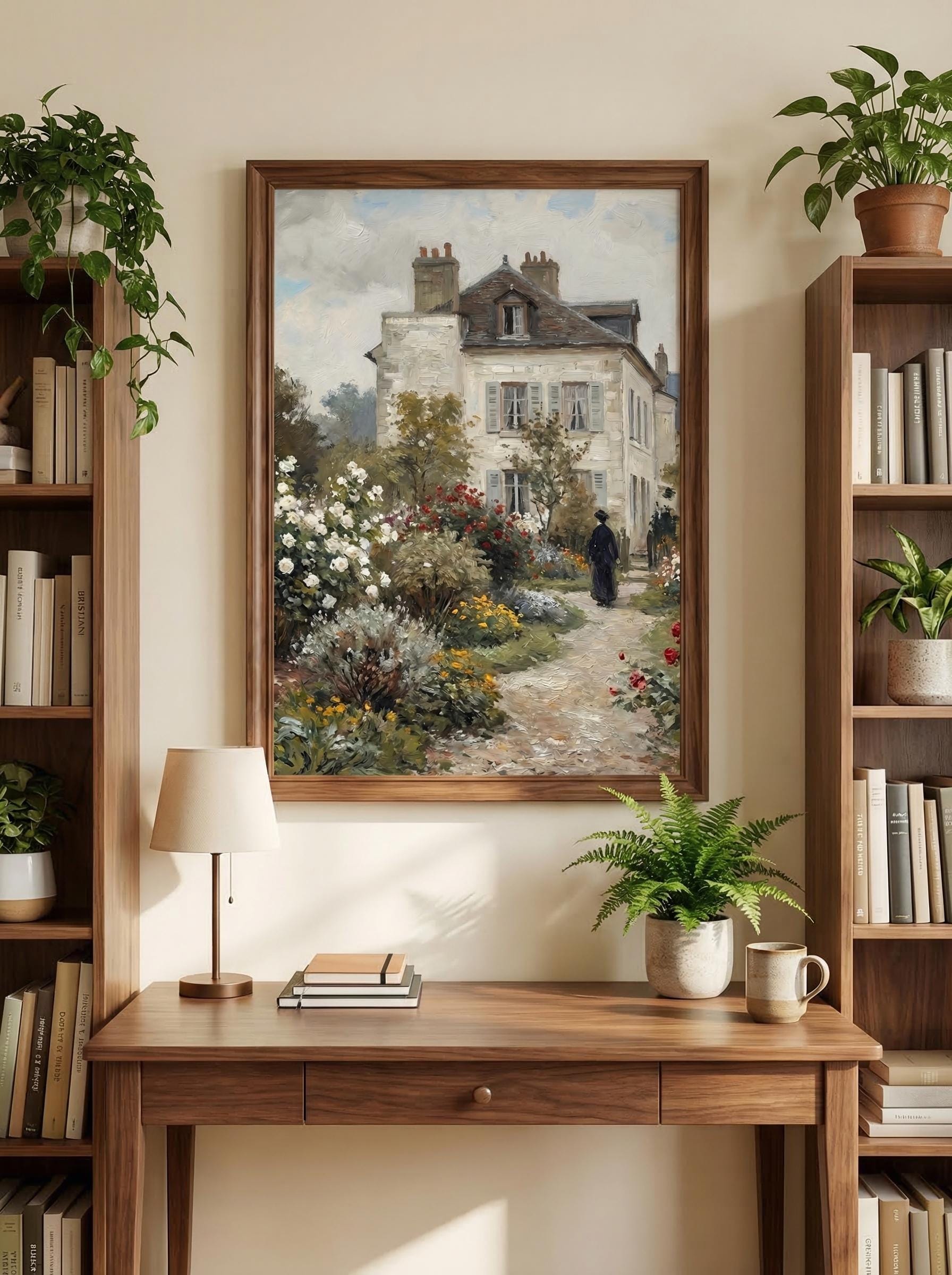 Vintage Rose Garden Painting French Country House Art Impressionist Cottage Landscape Print Wall Art