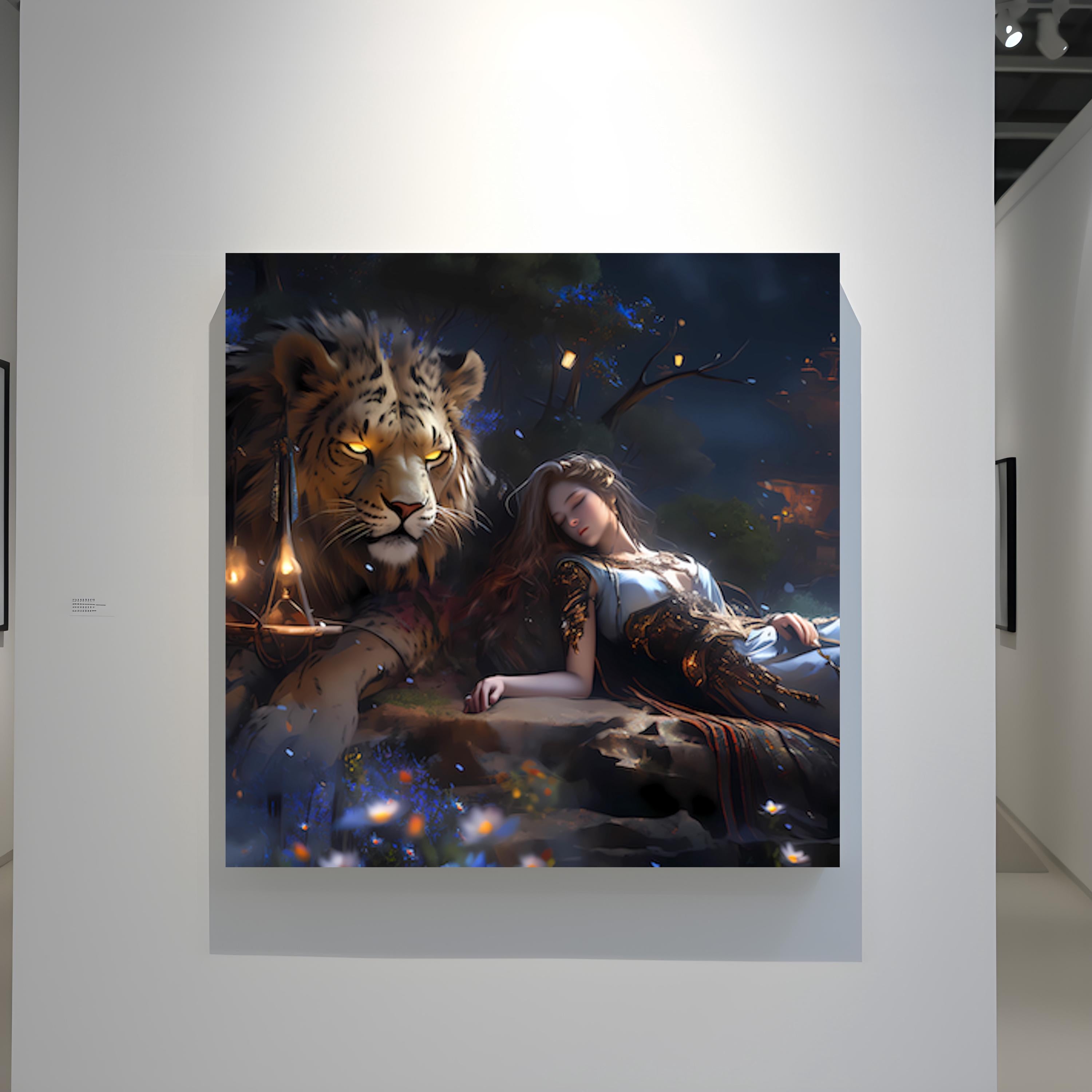 The Dream Guardian: Surreal Lion & Sleeping Woman Art | Mystical & Serene Wall Decor
