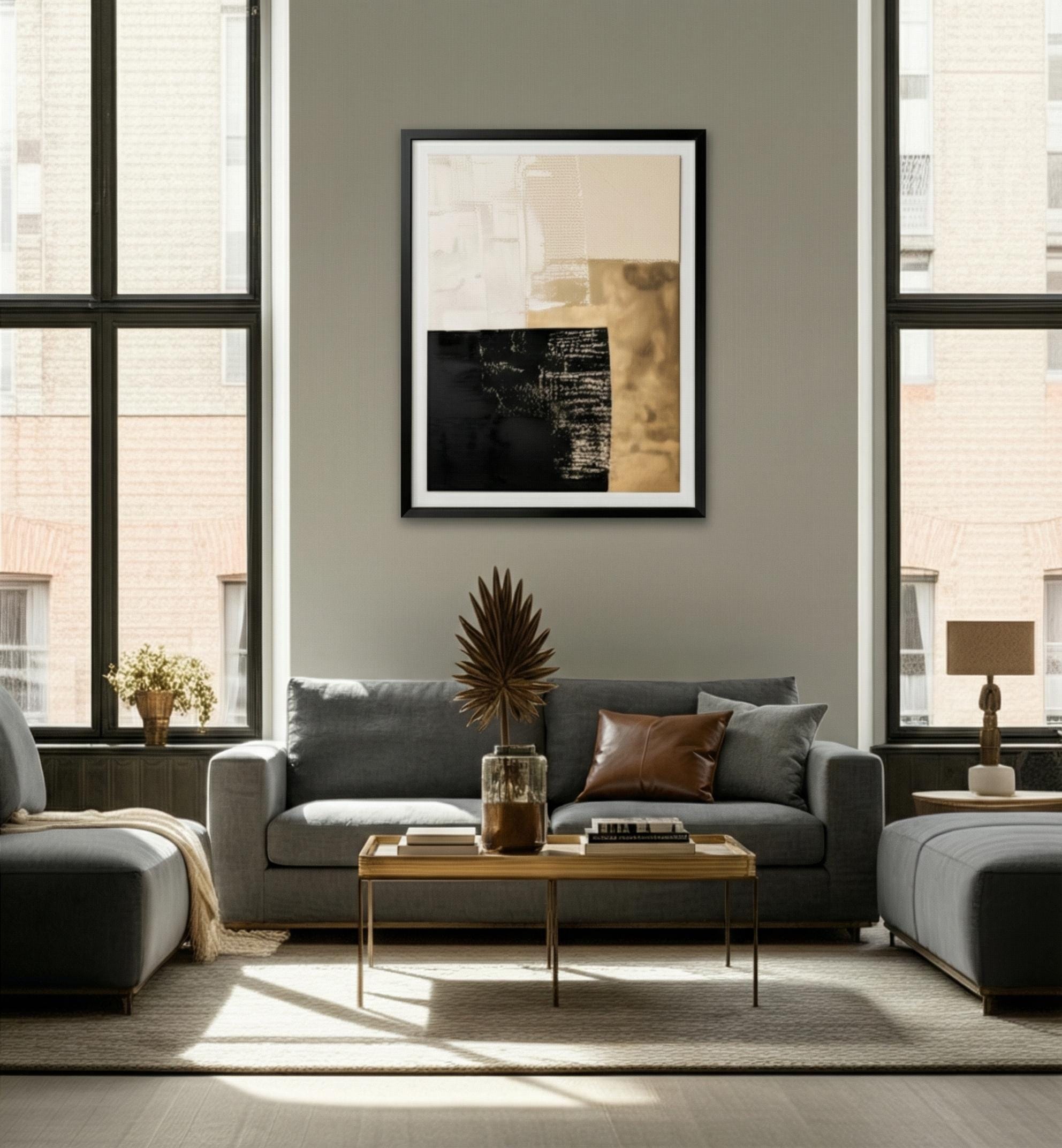 Abstract Canvas Art: Black, Gold, and Beige - Minimalist Decor
