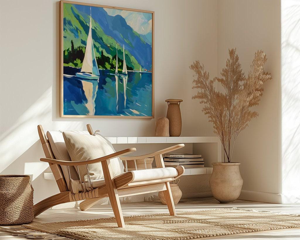 Mountain Lake Serenity: Tranquil Sailboat Canvas Art | Picturesque Blue & Green Landscape Decor