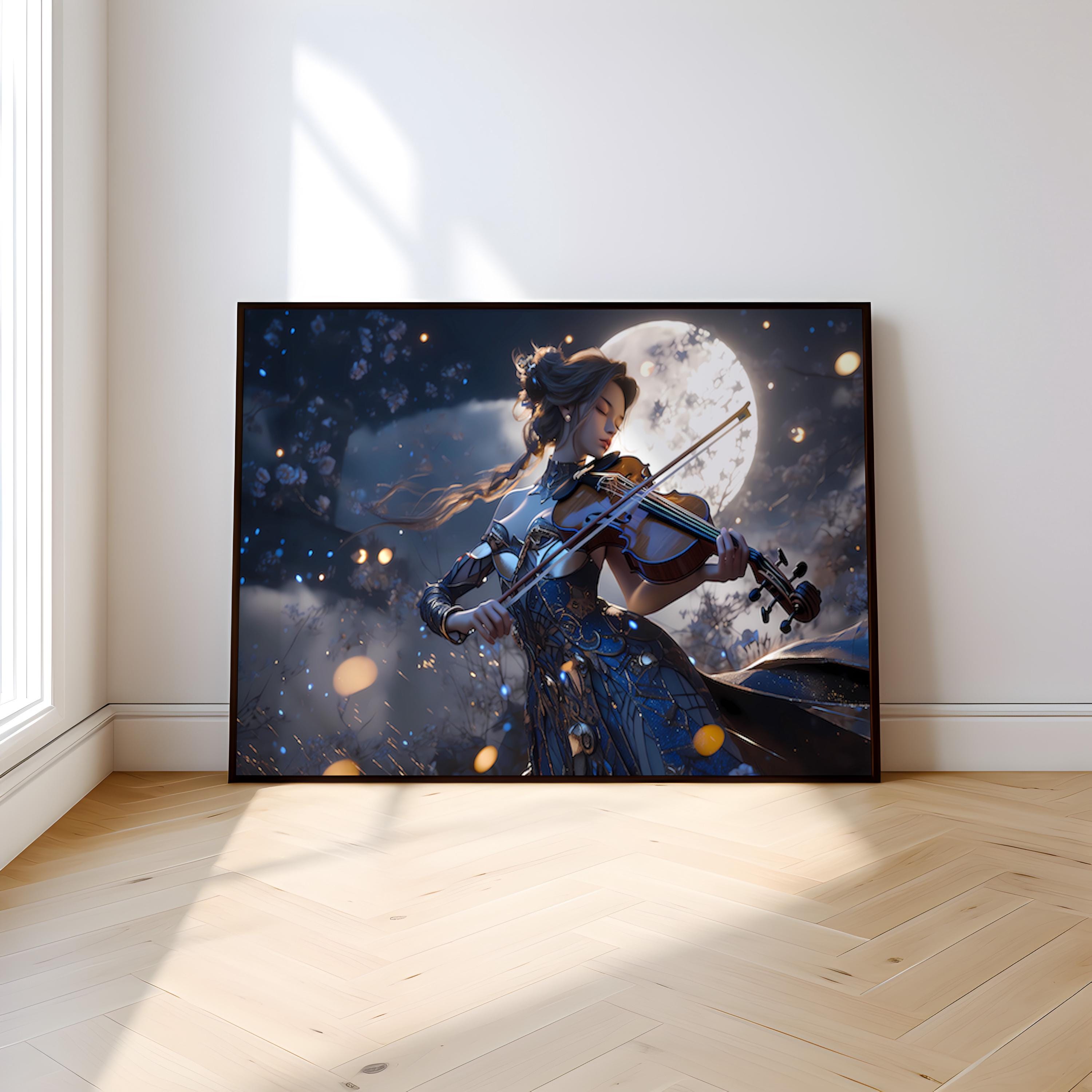 Lunar Sonata: Elegant Violinist in Moonlight Art Print | Romantic & Serene Framed Wall Decor