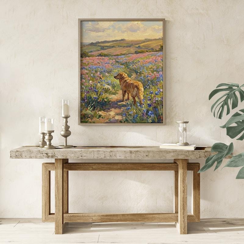 Golden Retriever Dog Art, Wildflower Field, Spring Colors (Canvas or Print)