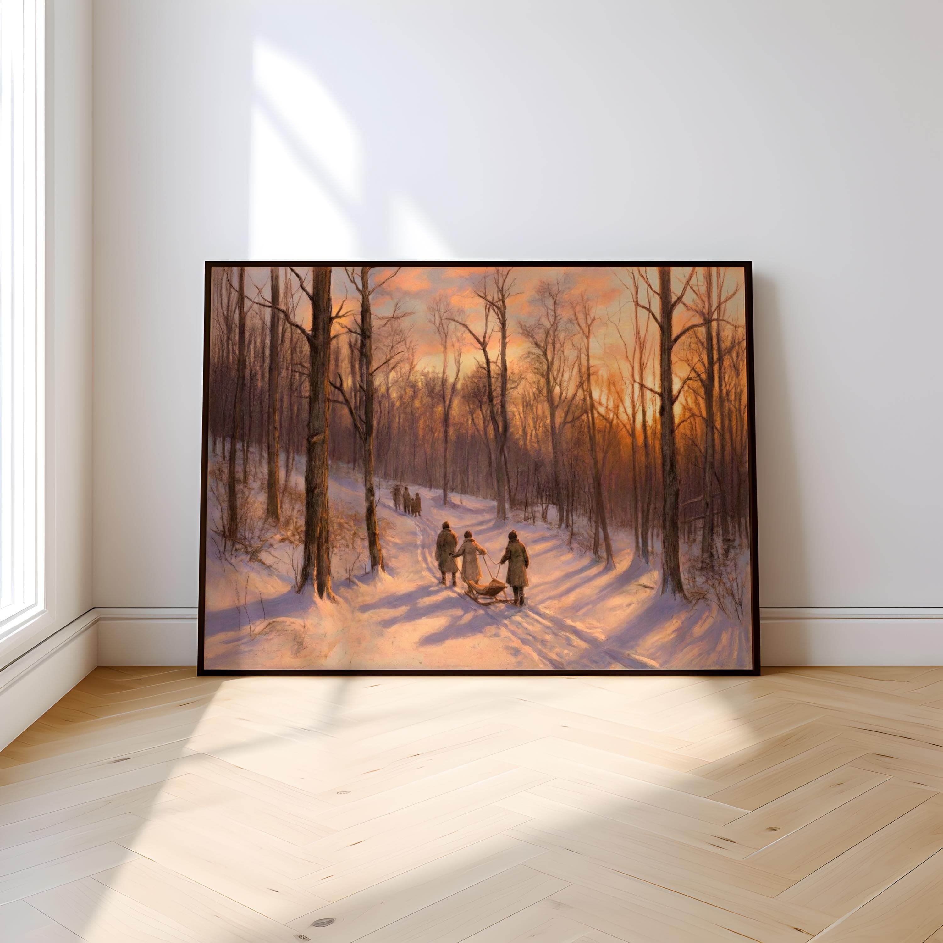Winter Sunset Canvas, Snowy Forest Landscape (Rustic Holiday Wall Art)