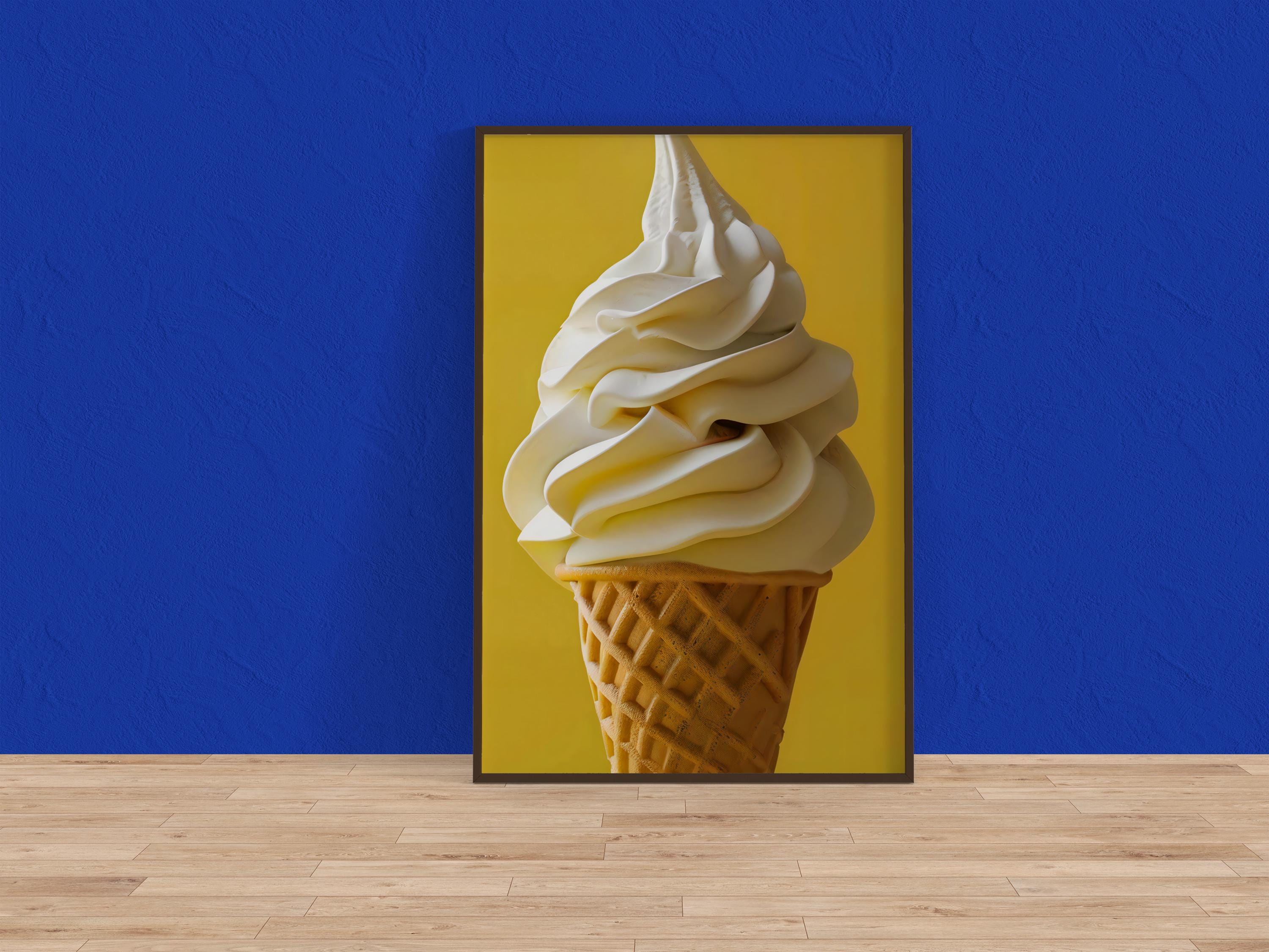 Summer Bliss: Minimalist Soft-Serve Ice Cream Cone Art | Vibrant Yellow Pop Art Print