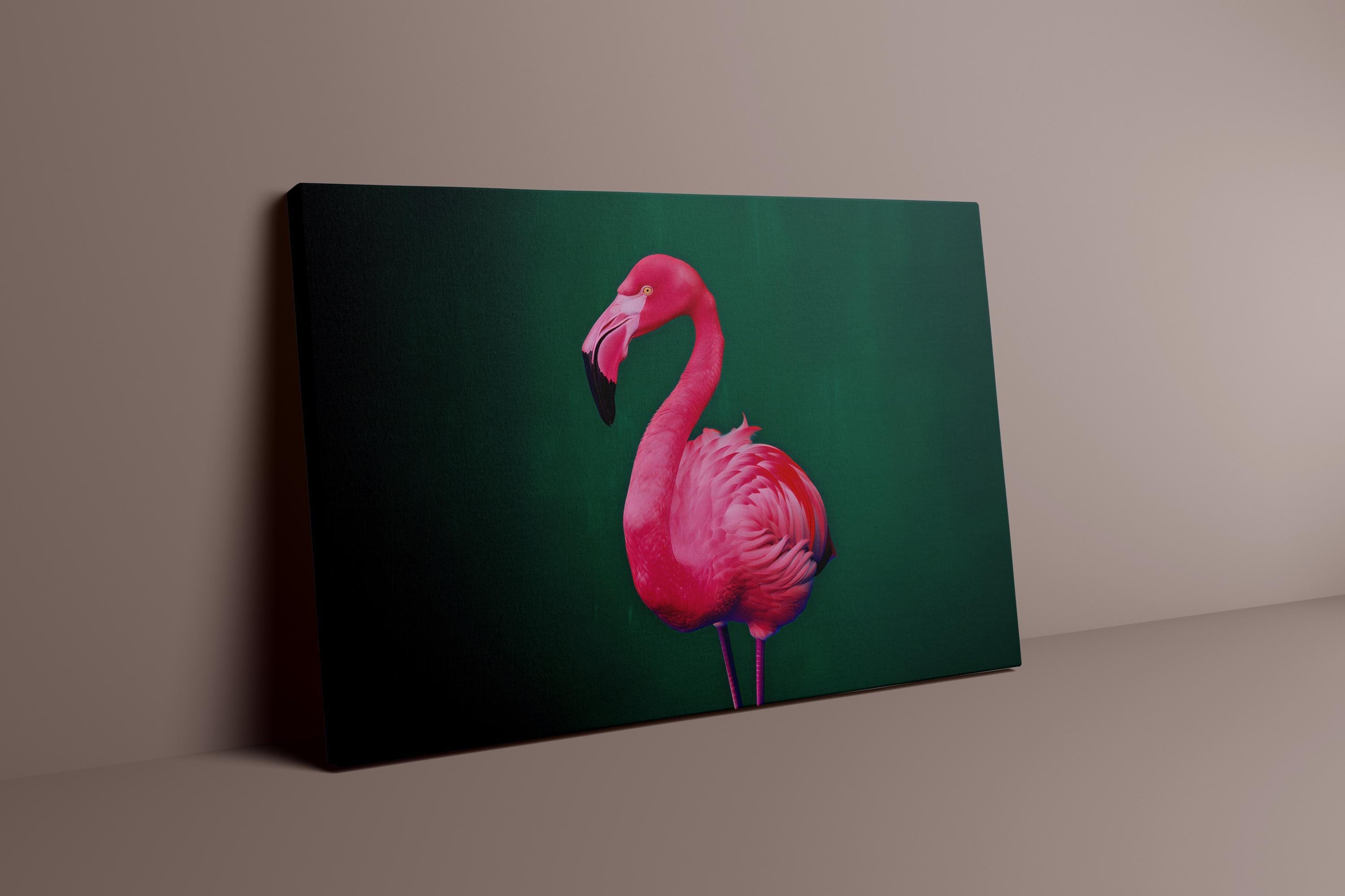 Bright Pink Flamingo Wall Art - Neon Colors with Emerald Green Background