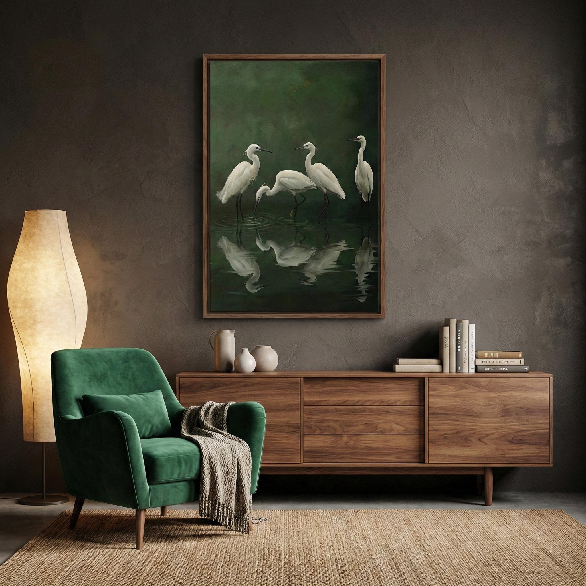 Nature Canvas Art, White Egret and Heron, Moody Green Swamp (Framed or Rolled)