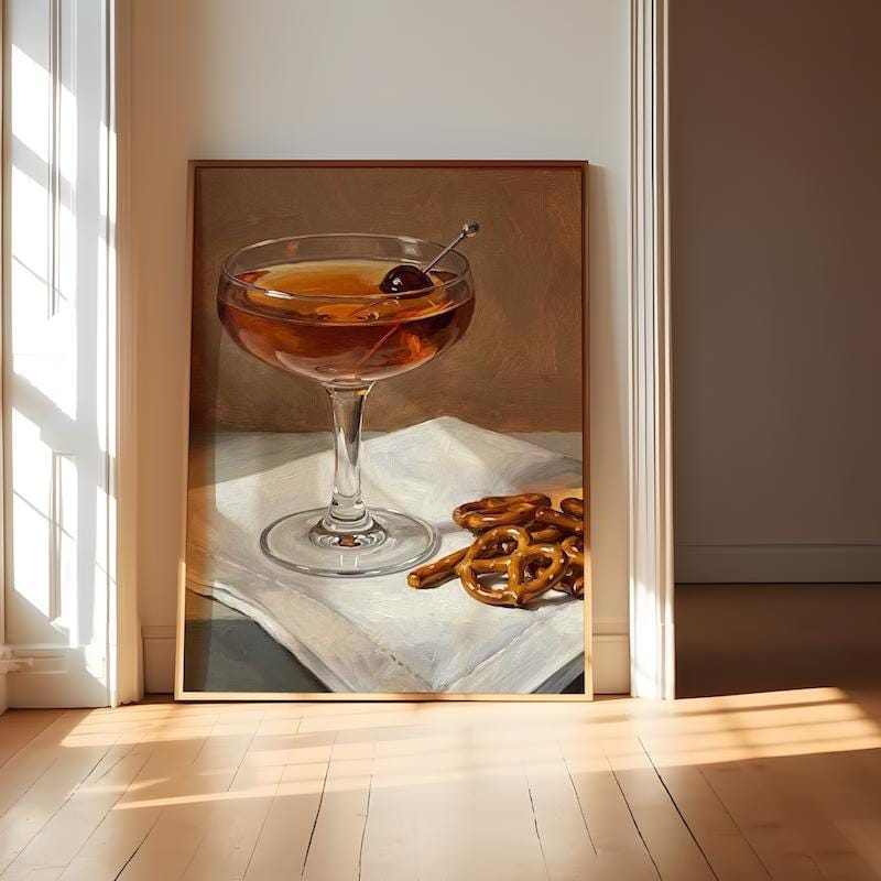 Mid Century Manhattan Cocktail Print - Moody Bar Cart Decor