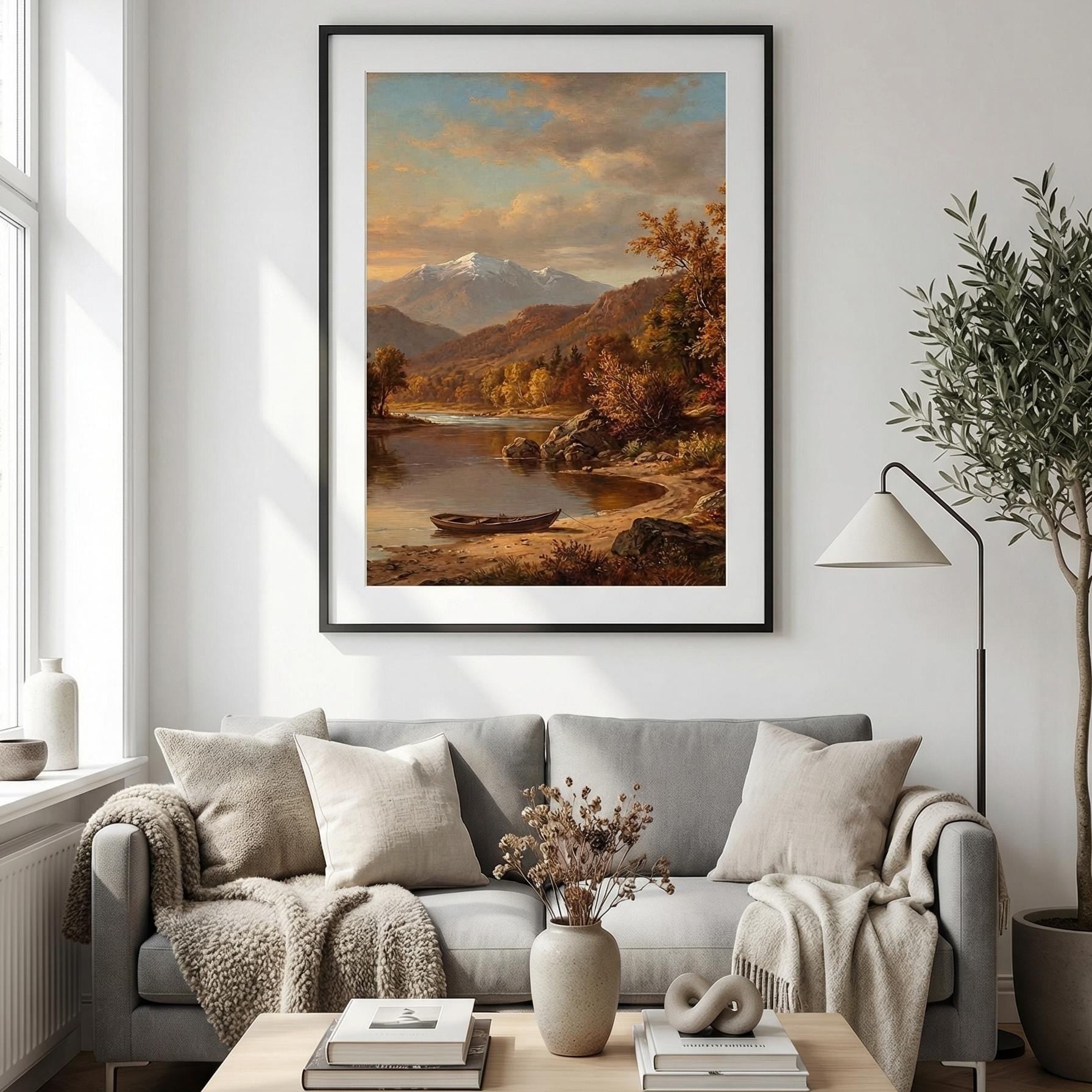 Vintage Autumn River Painting Mountain Landscape Art Rustic Rowboat Print Moody Farmhouse Wall Decor