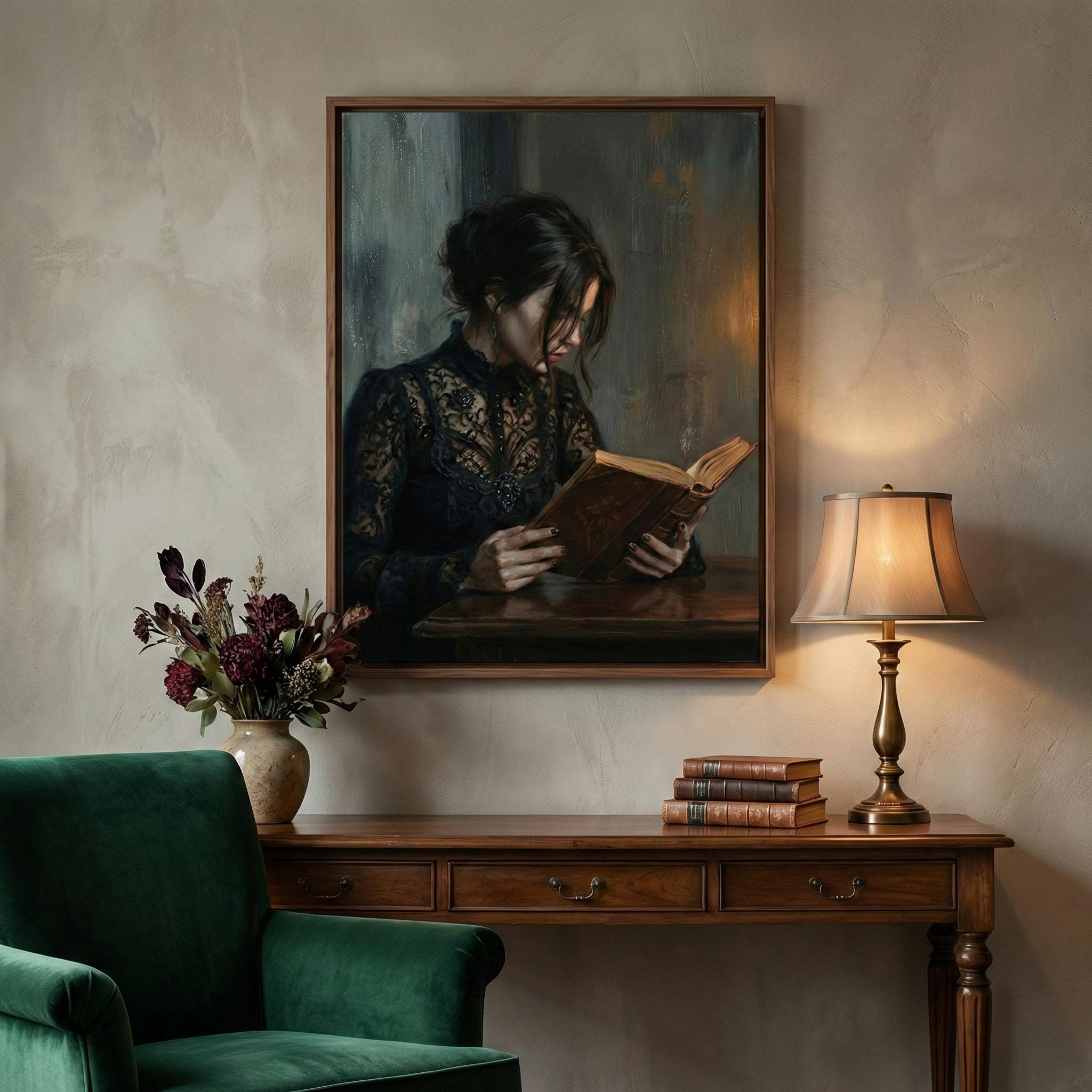 Moody Woman Reading Art - Dark Academia, Candlelit Gothic Scene
