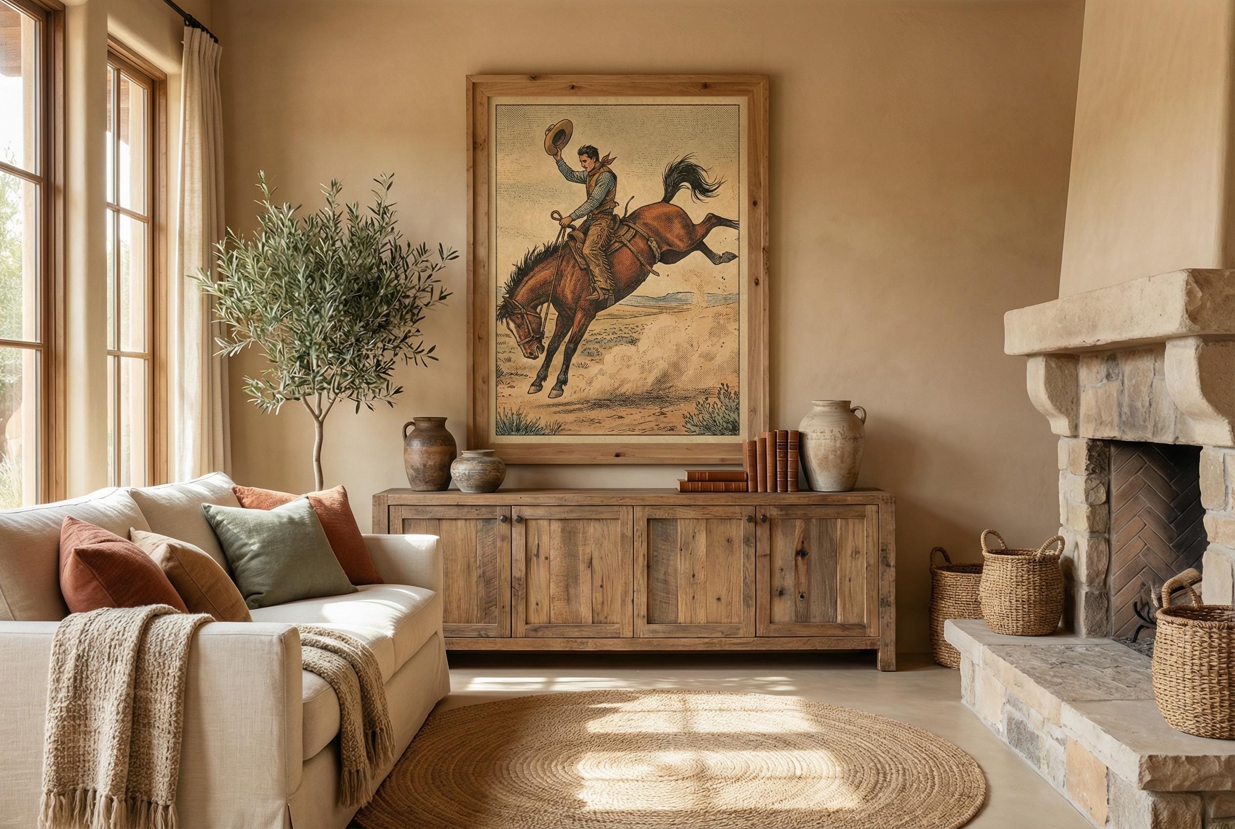 Cowboy on Horse Art Print, Rustic Western Decor (Canvas or Paper)