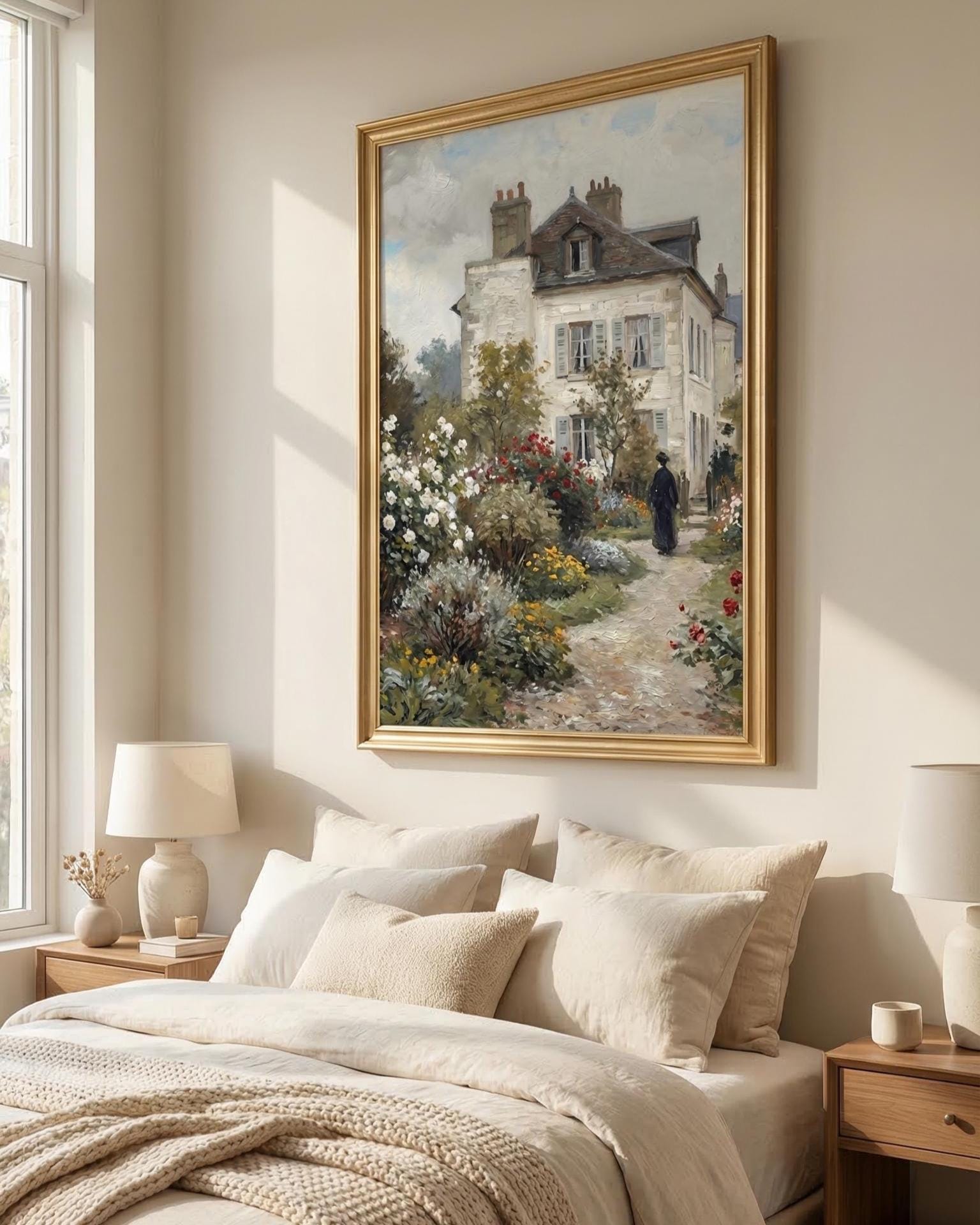 Vintage Rose Garden Painting French Country House Art Impressionist Cottage Landscape Print Wall Art