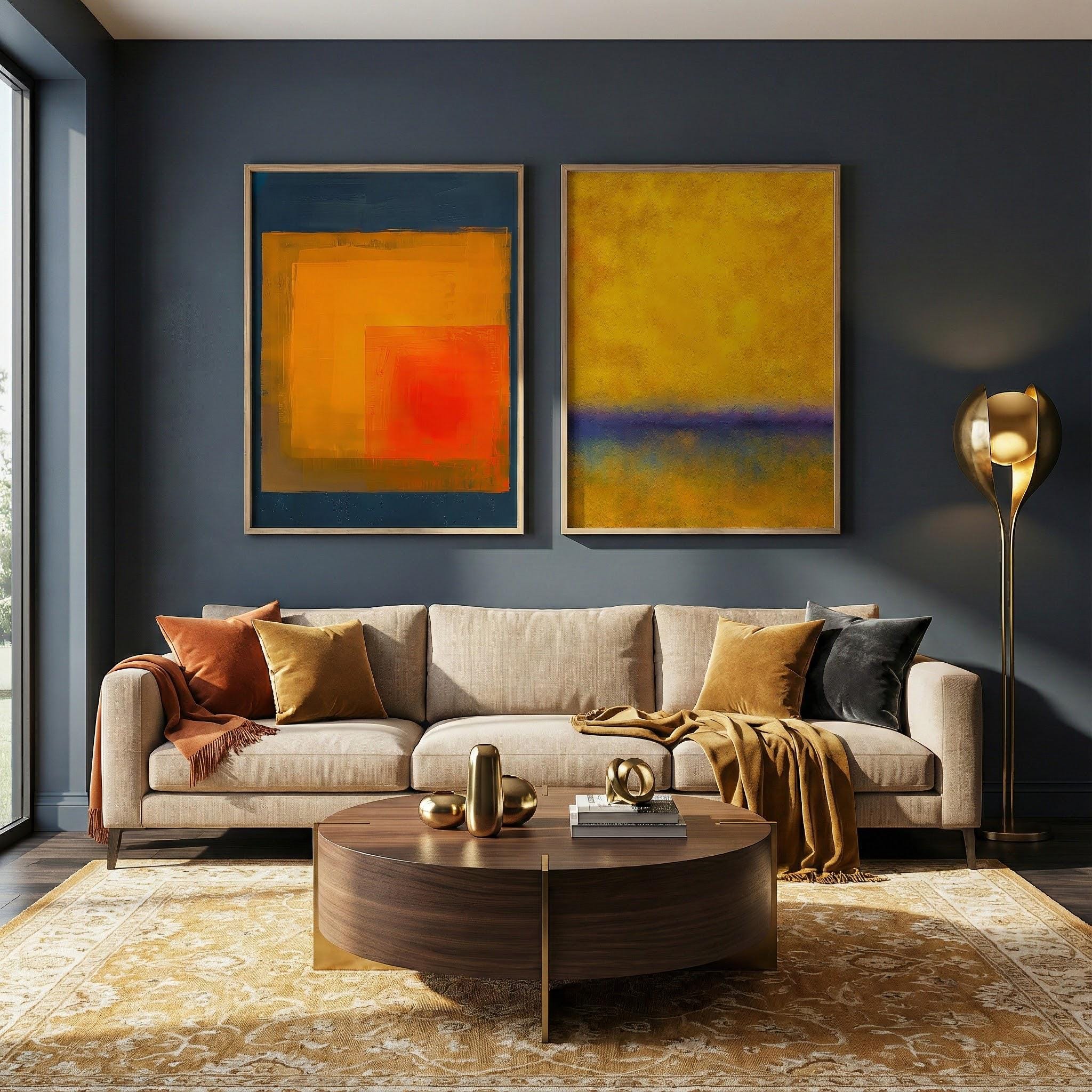 Minimalist Abstract Art Set - Warm Style in Yellow and Indigo