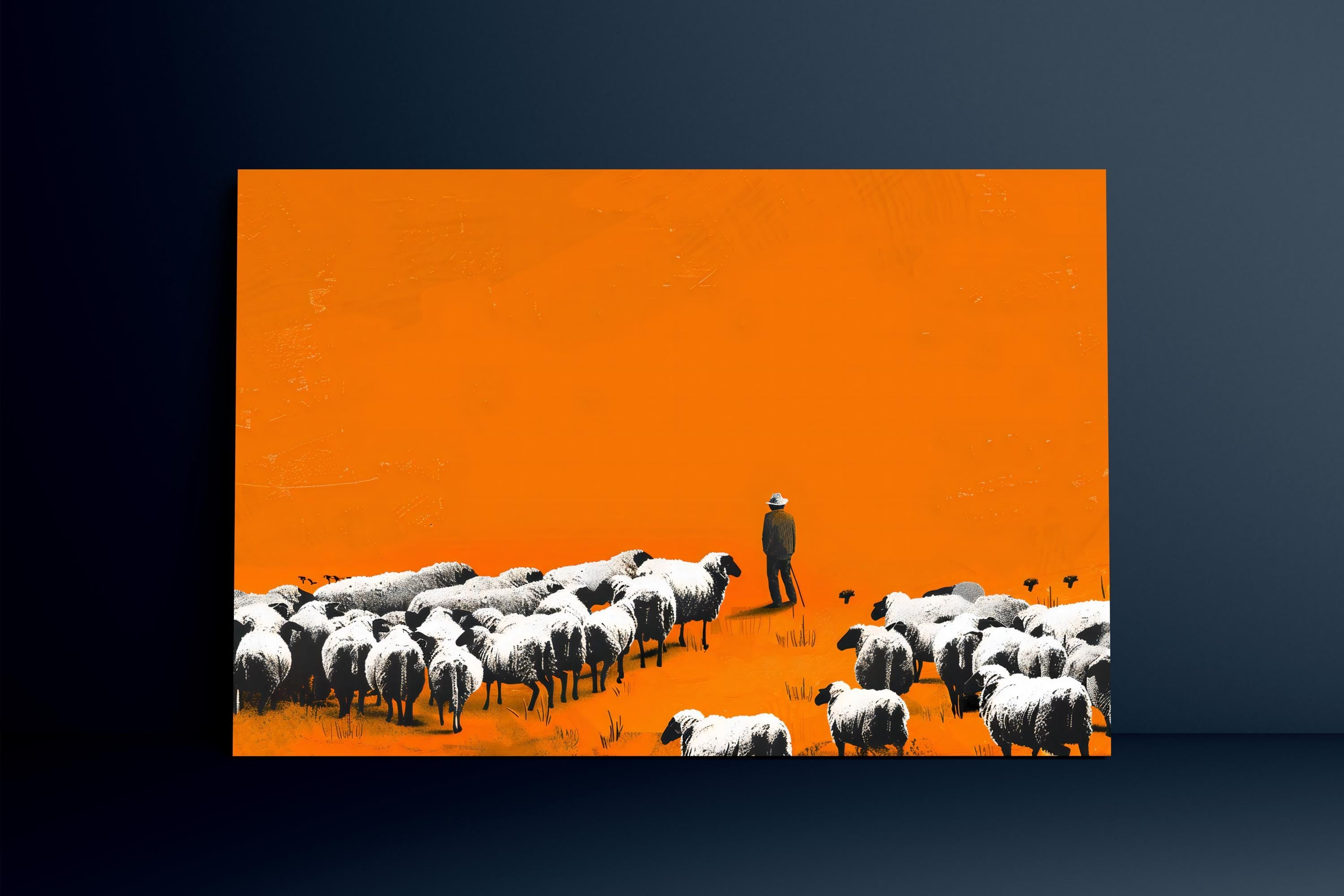 The Shepherd: Minimalist Street Art Style Print | Orange & Black Landscape Decor