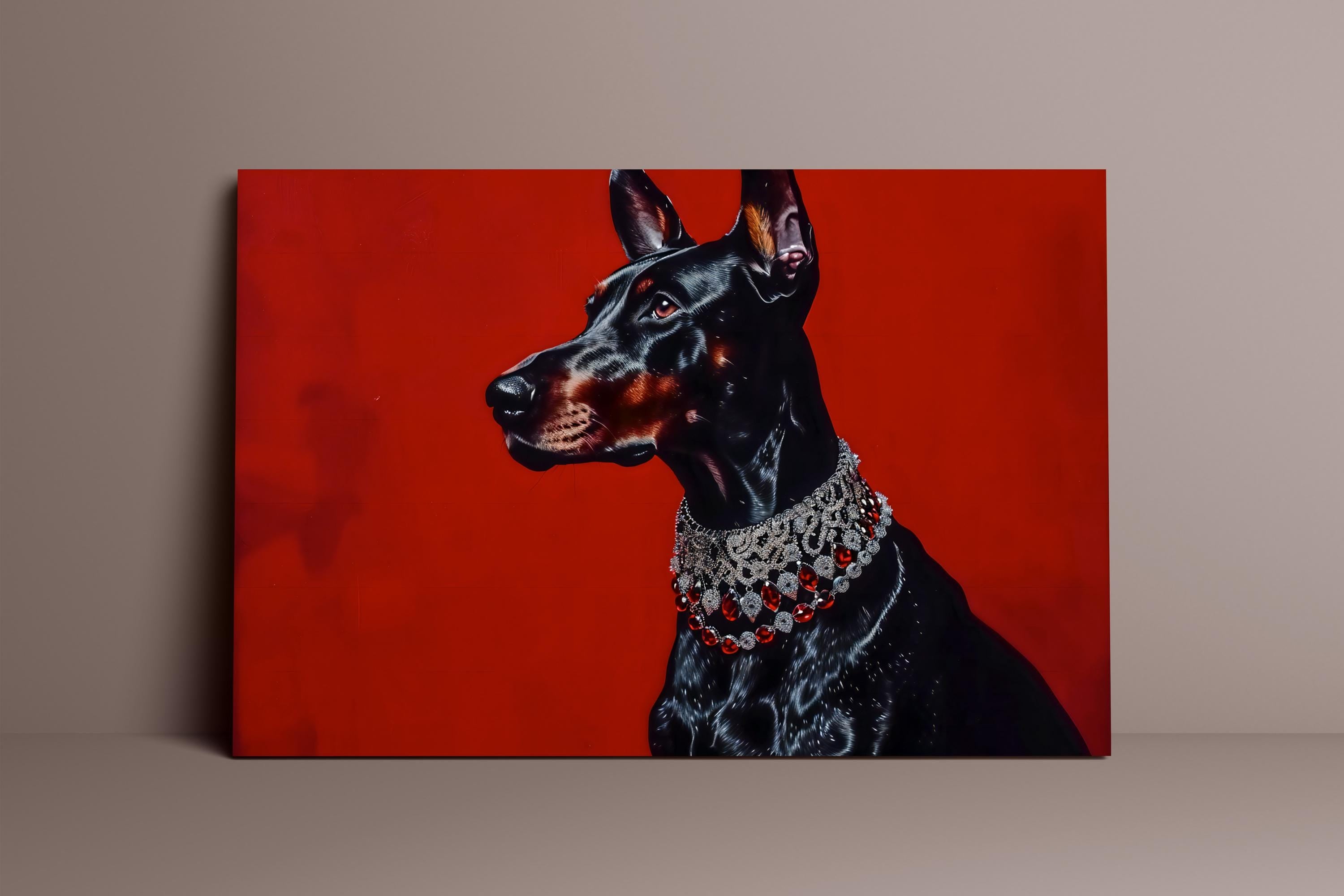 The Guardian: Black Doberman Pinscher Portrait with Red Gem Collar | Regal & Elegant Dog Art