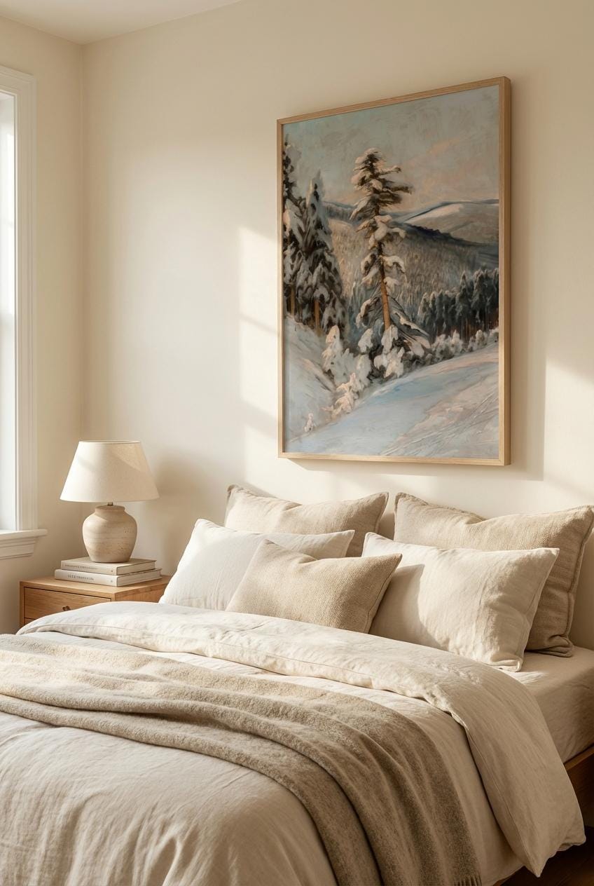 Cozy Winter Wall Art – Snowy Forest Print with Rustic Cabin Decor & Serene Nature Scene