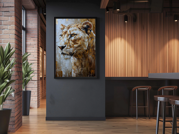 a large painting of a lion's head hanging on a black wall in a modern, minimalist-style room.