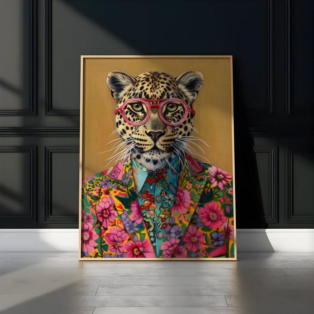 The Fashionista: Chic Leopard in Pink Glasses & Floral Jacket | Vibrant & Modern Animal Print Decor