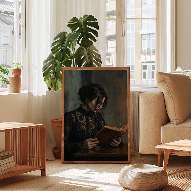 Moody Woman Reading Art - Dark Academia, Candlelit Gothic Scene