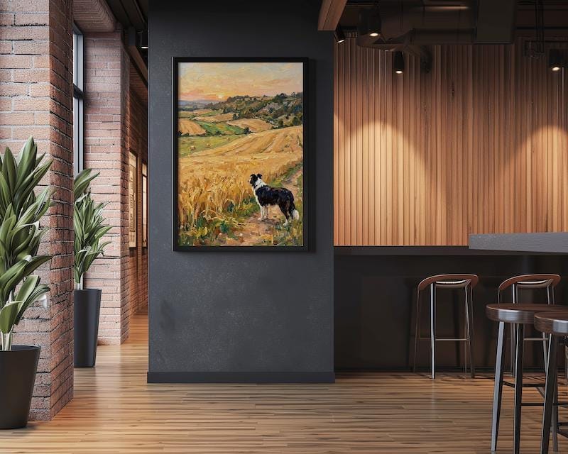Rustic Border Collie Wall Art - Golden Wheat Field Scene