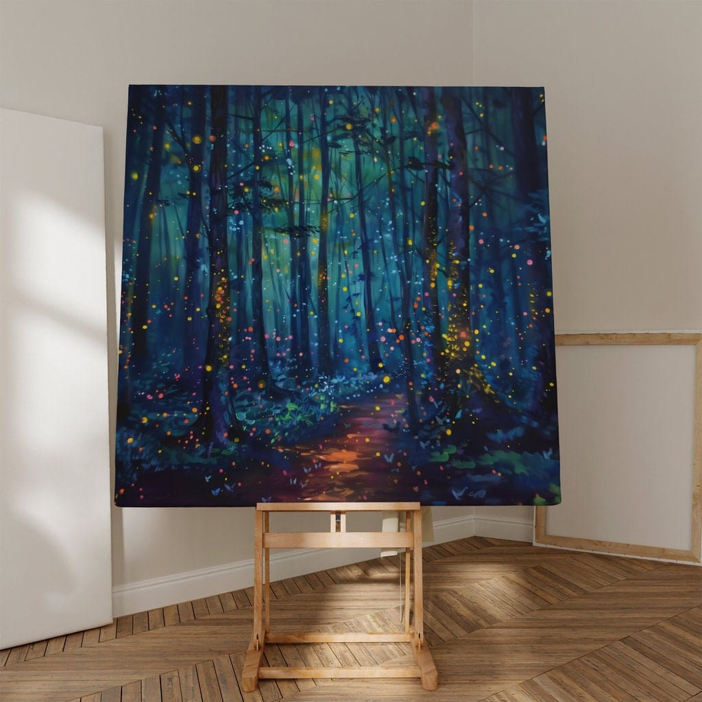 Enchanted Forest Wall Art: Glowing Fireflies, Night Path