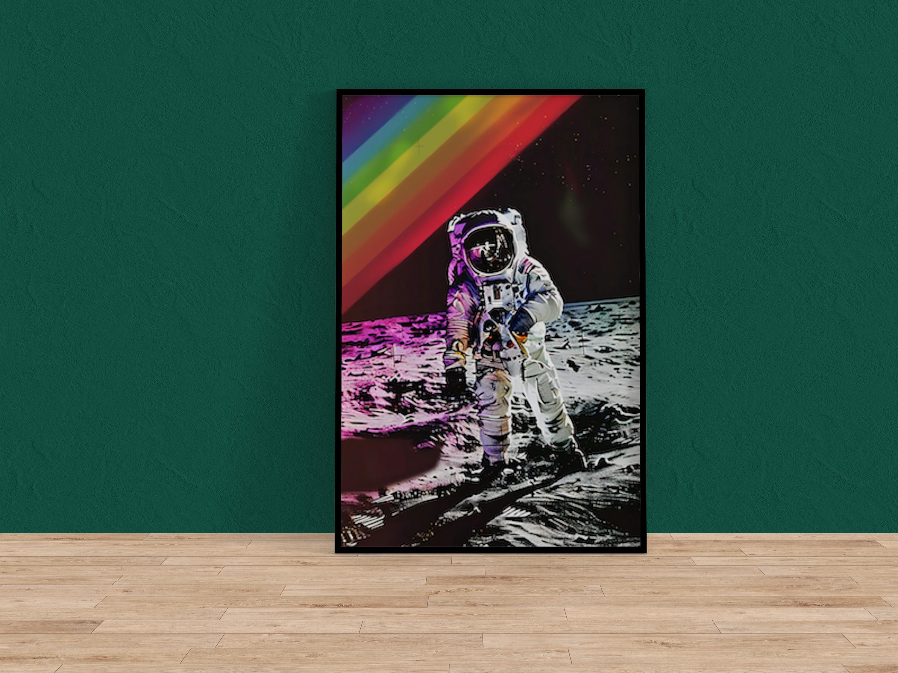 Lunar Dream: Astronaut on the Moon with Rainbow Sky | Surreal & Cinematic Space Art