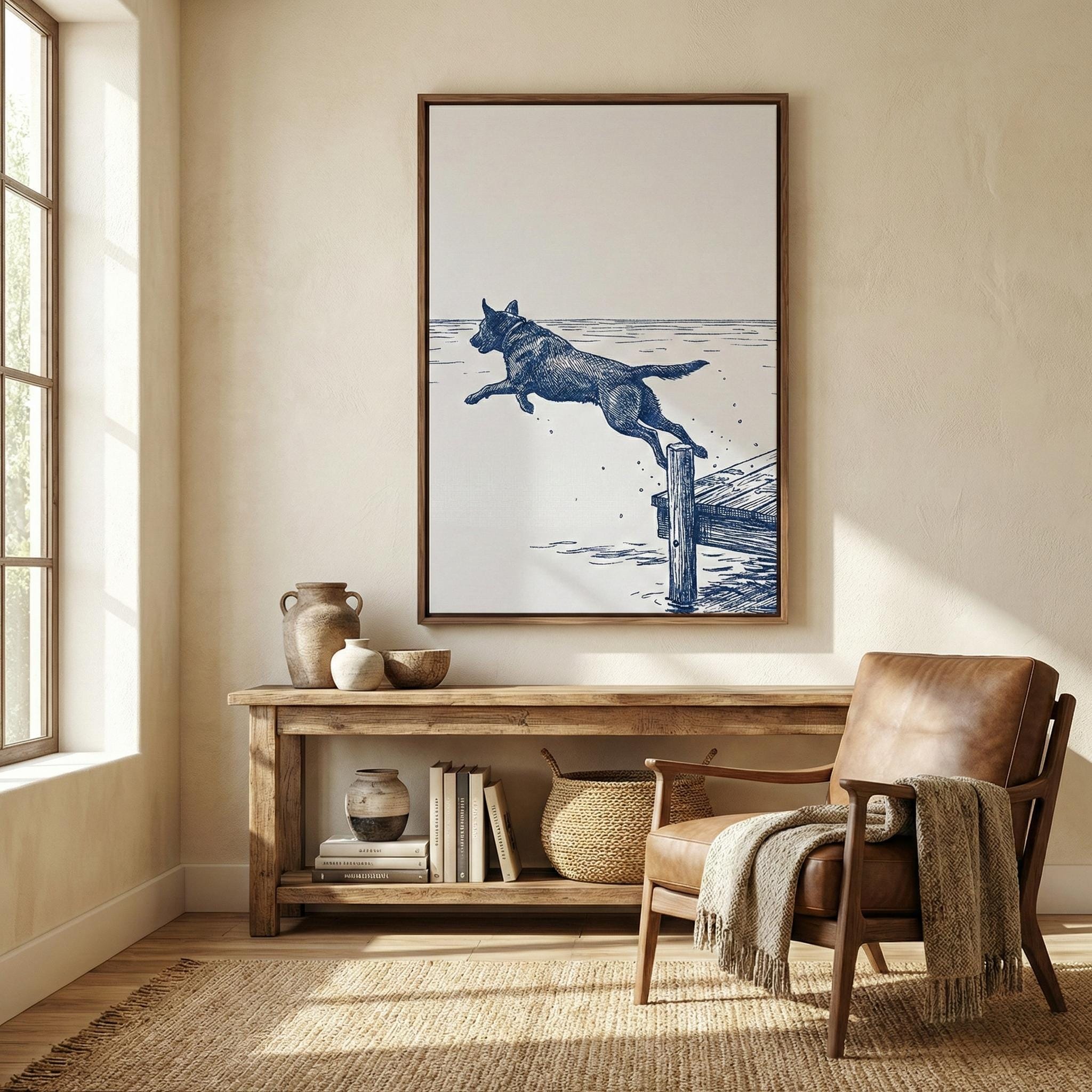 Lake House Dog Art, Blue Ink Sketch, Dock Scene (Print or Canvas)