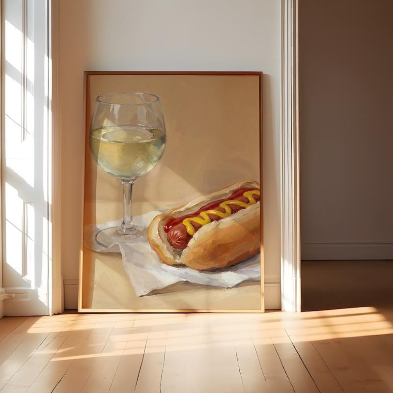 Hot Dog and Wine Wall Art: Funny Food Painting - Kitchen Decor
