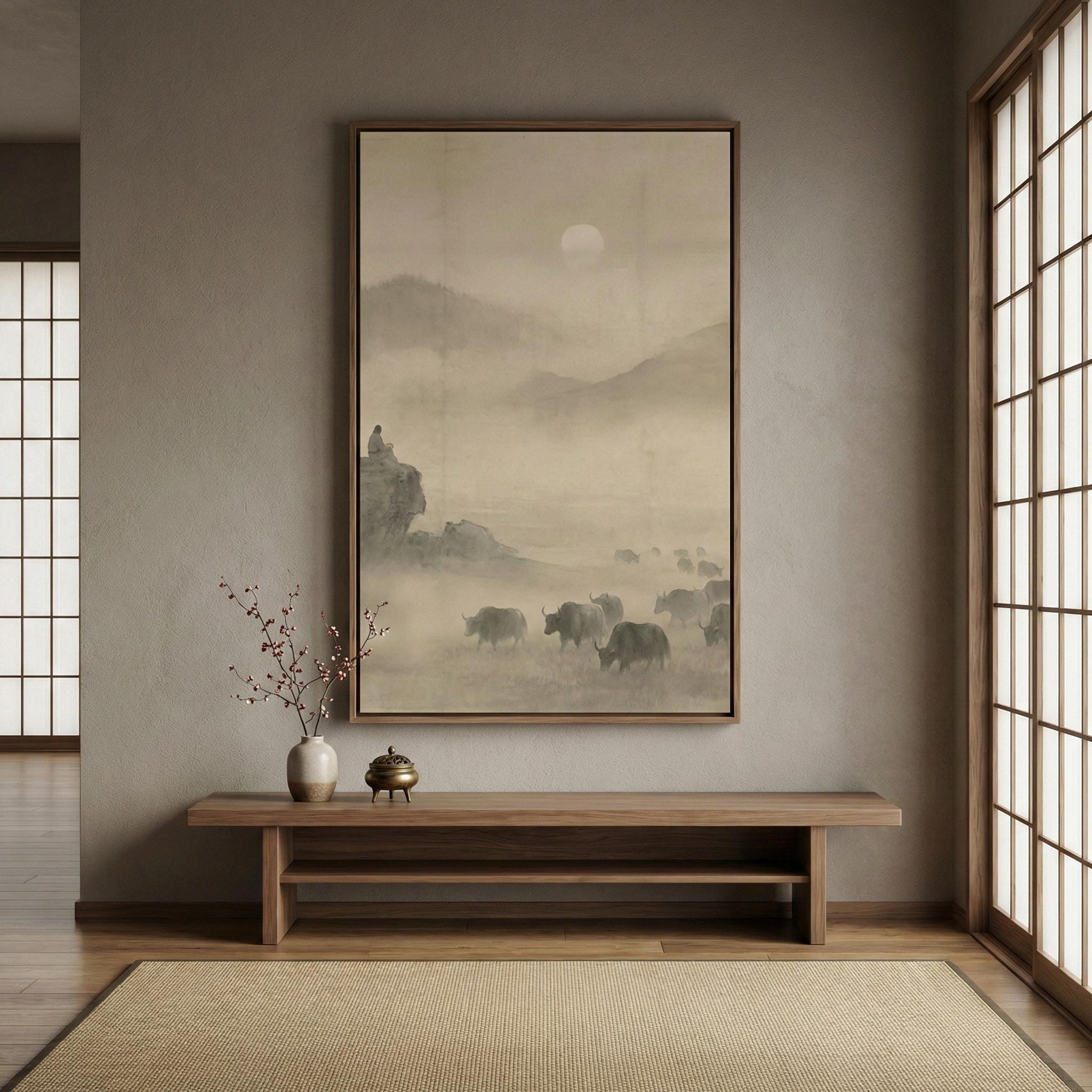 Misty Mountain Landscape: Zen Ink Wash Art (Sepia Tone)