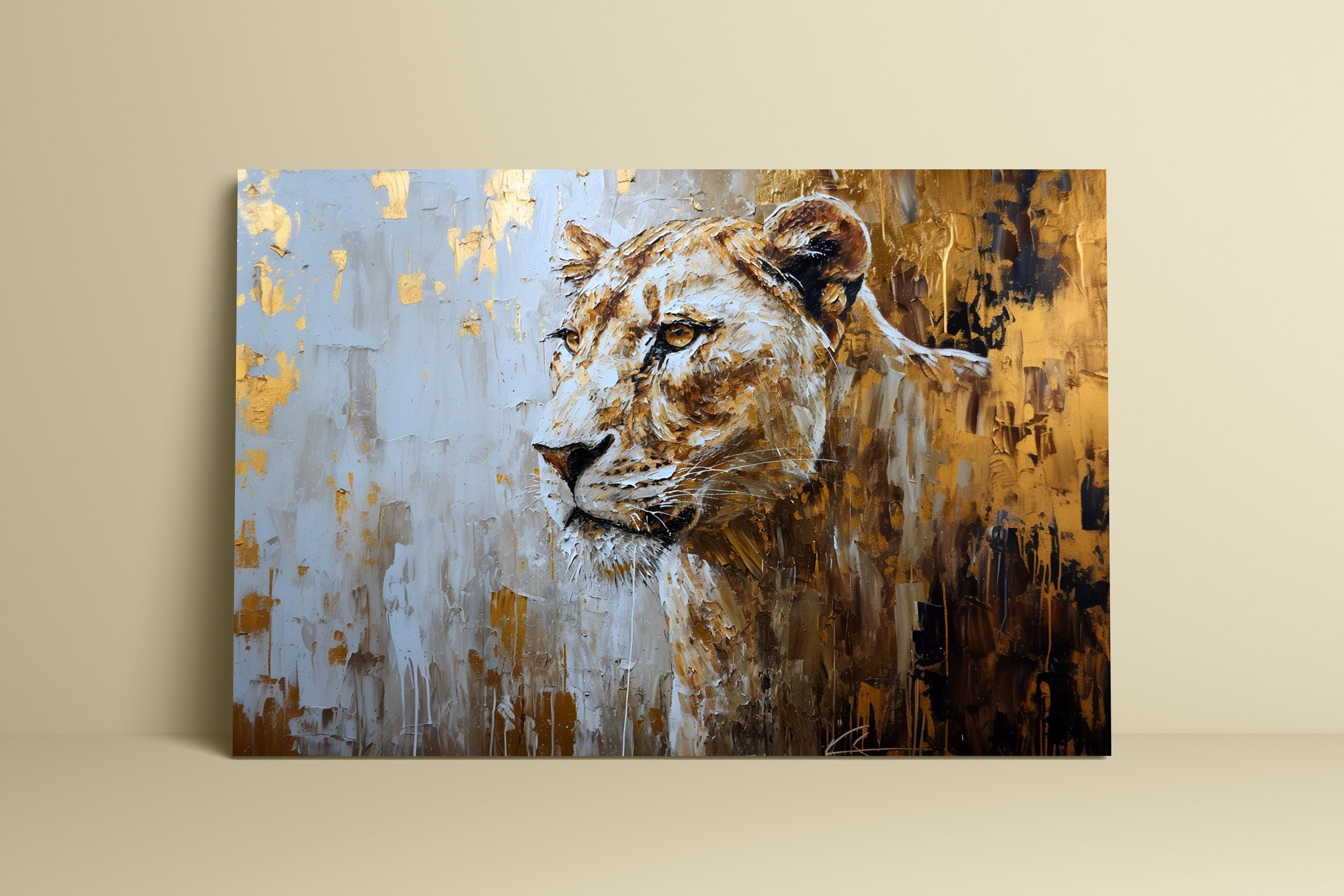 Lioness Wall Art: Graceful Wild Spirit in Gold (Canvas or Print)