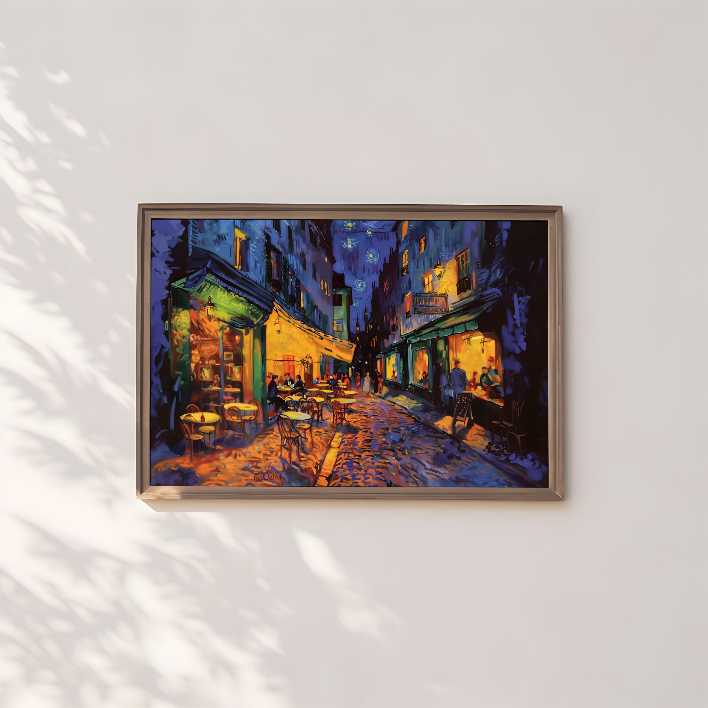 The Starry Night Cafe: Vibrant European Street Scene | Whimsical & Romantic Wall Art