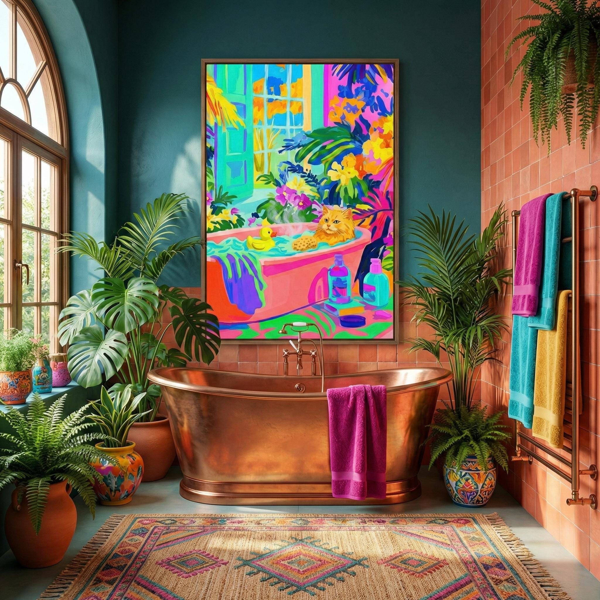 Whimsical Cat Canvas, Orange Tabby in Bathtub (Bold Fauvist Colors)